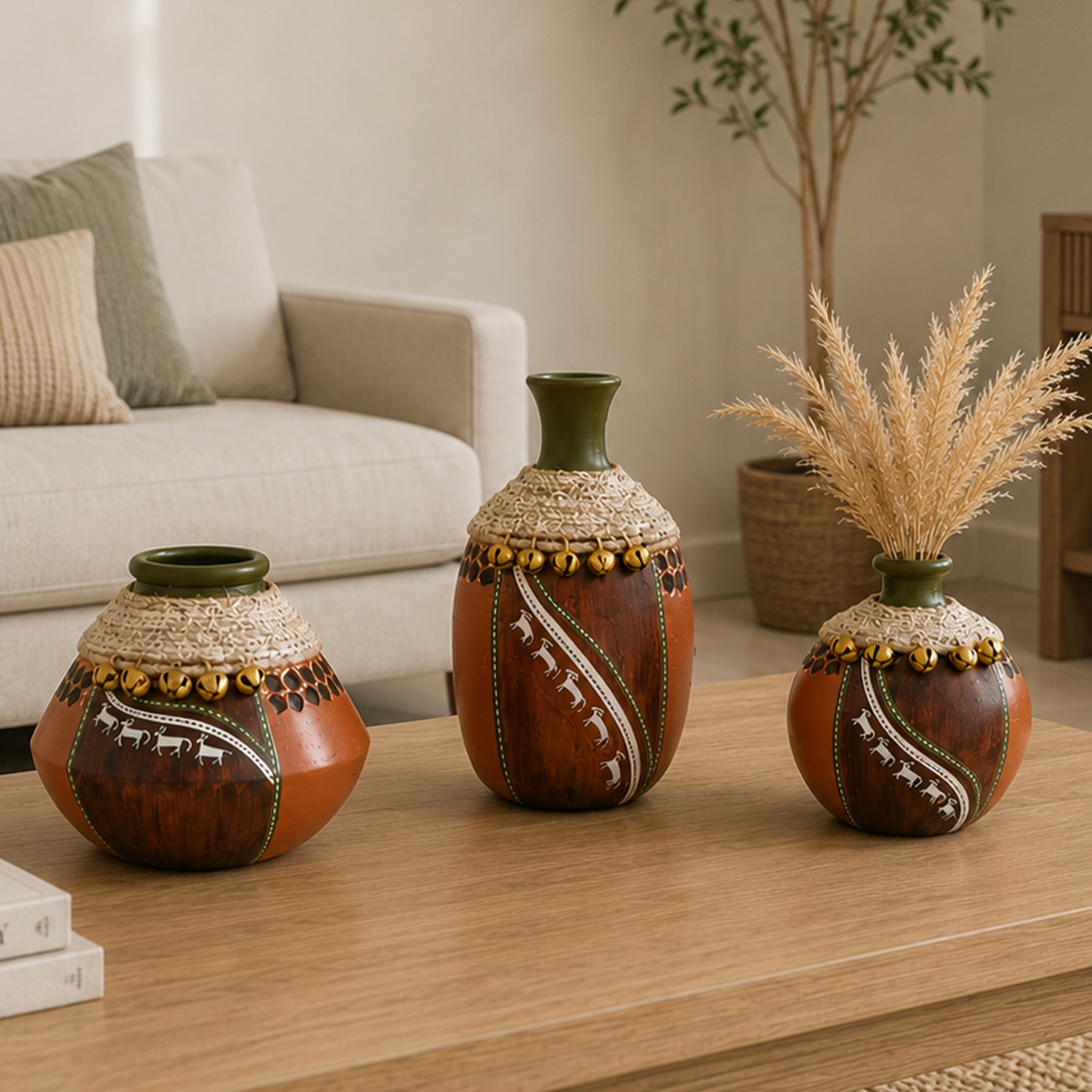Coco-F Jute Embellished Earthen Vases in Warli Art