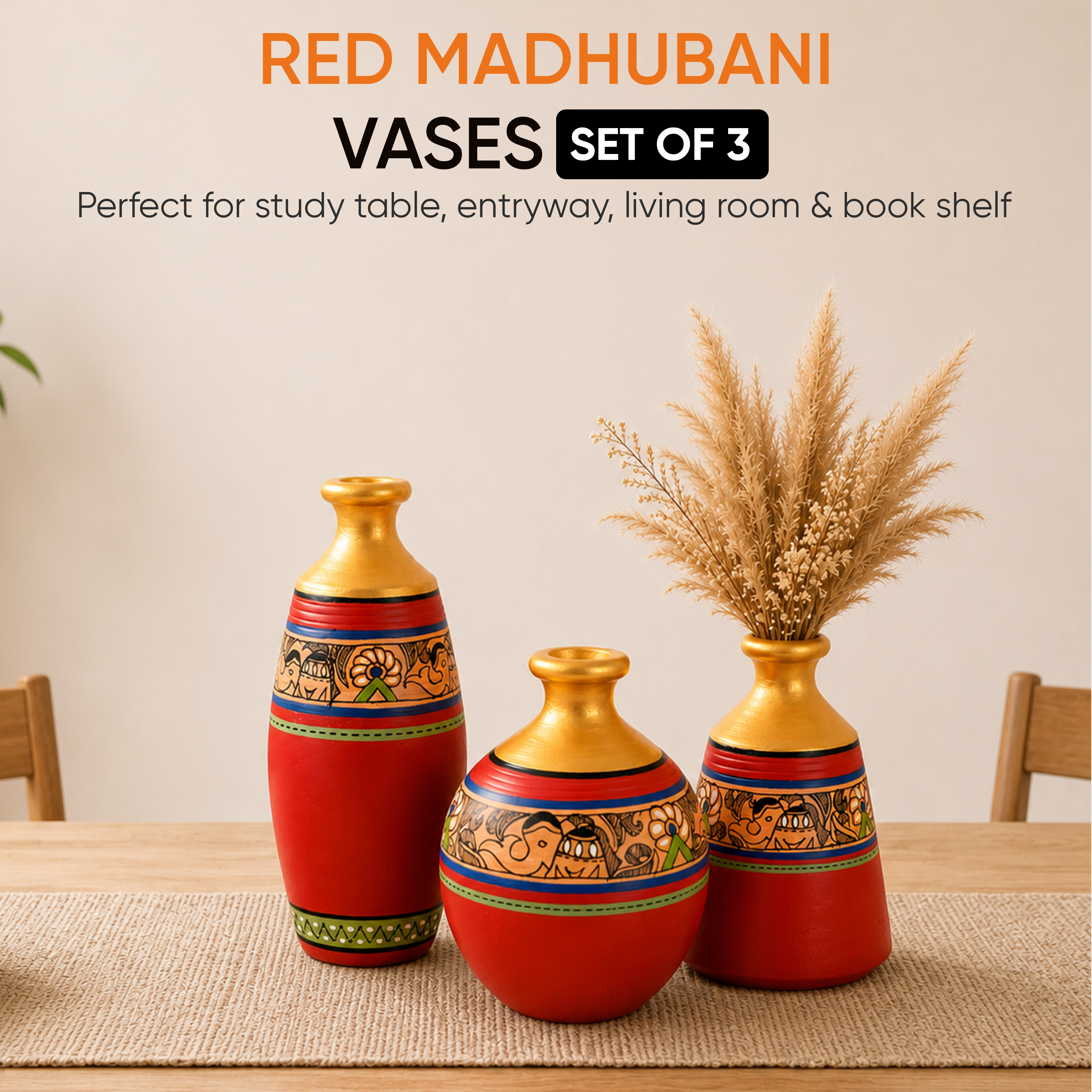 Vase Earthen Red Madhubani (Set of 3) 6/5/5