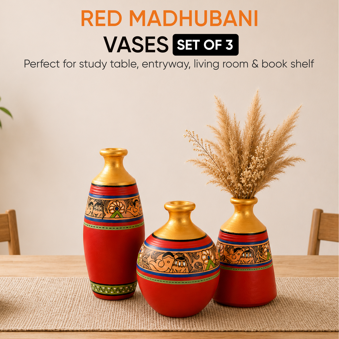 Vase Earthen Red Madhubani (Set of 3) 6/5/5