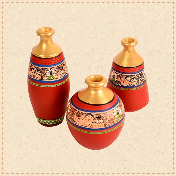 Vase Earthen Red Madhubani (Set of 3) 6/5/5