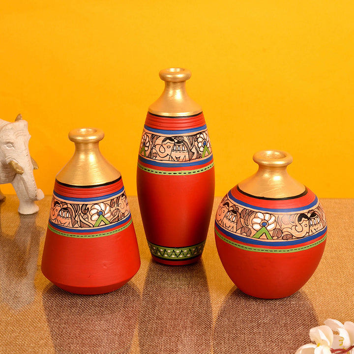 Vase Earthen Red Madhubani (Set of 3) 6/5/5