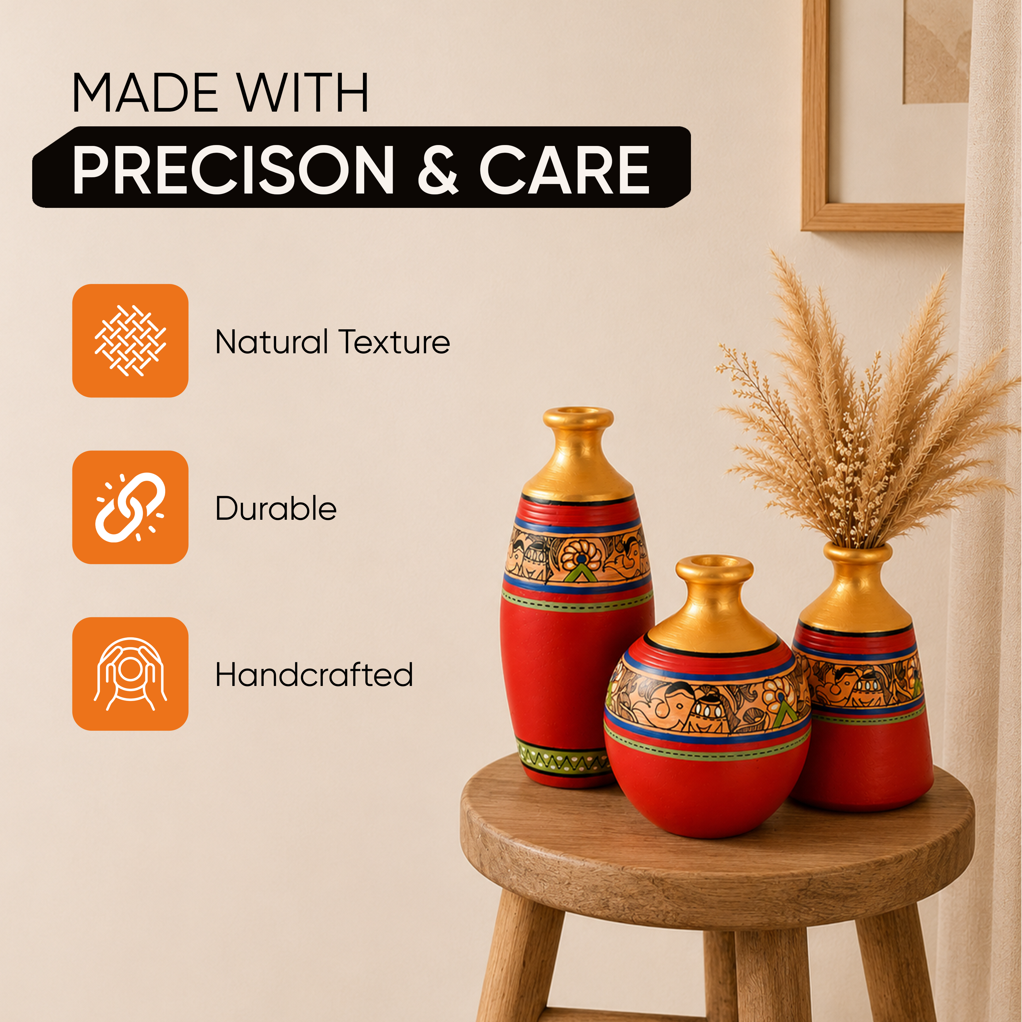 Vase Earthen Red Madhubani (Set of 3) 6/5/5