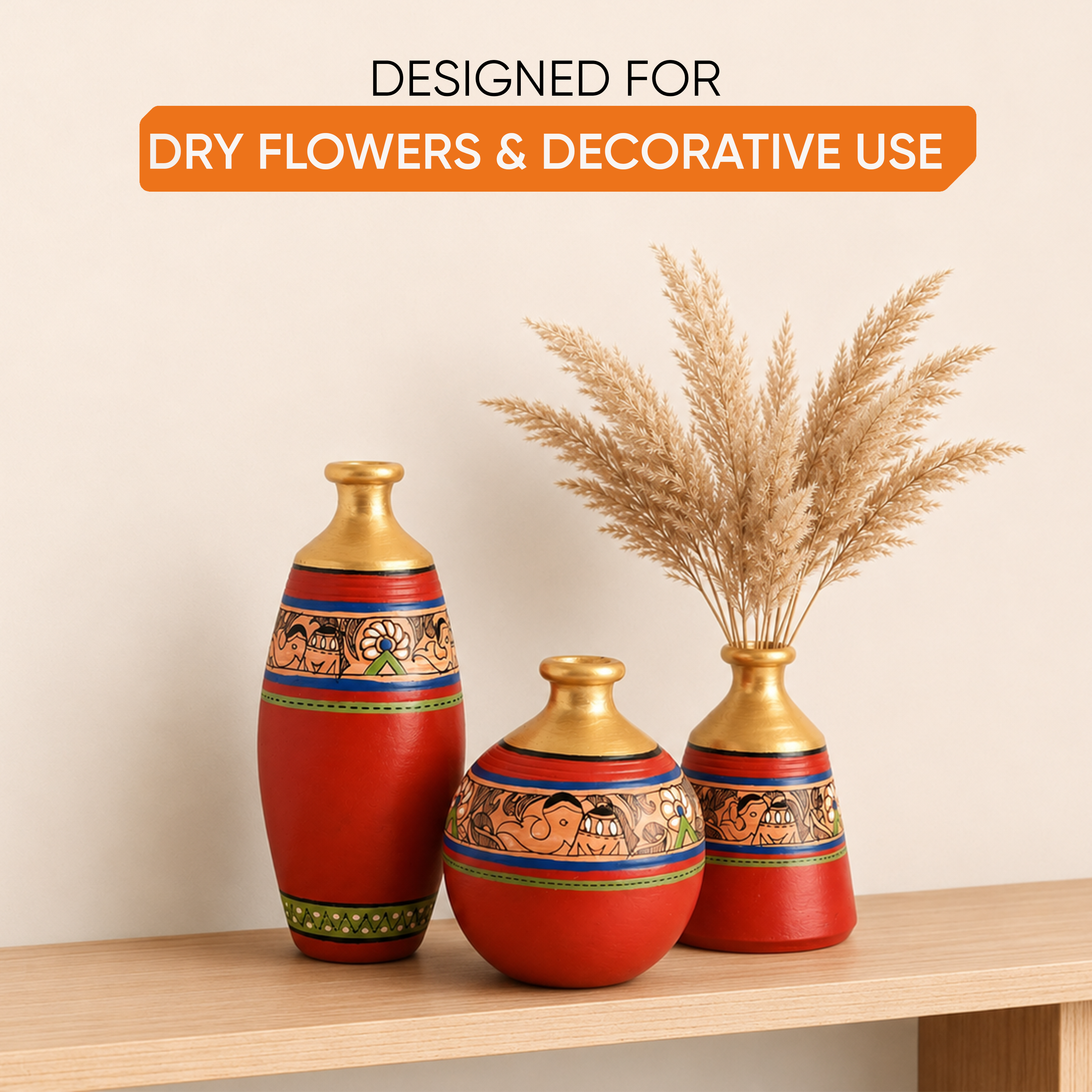 Vase Earthen Red Madhubani (Set of 3) 6/5/5