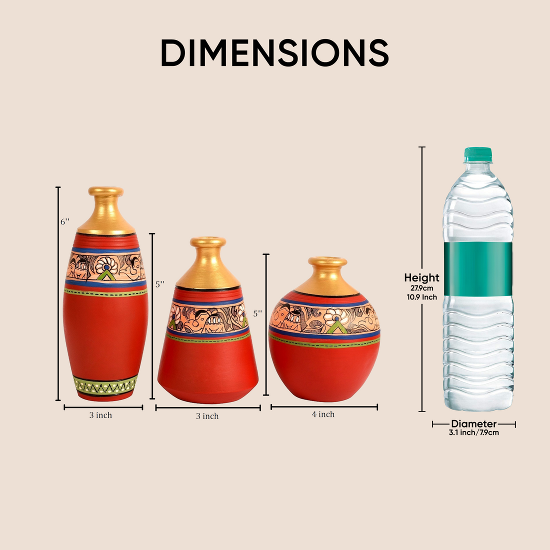 Vase Earthen Red Madhubani (Set of 3) 6/5/5