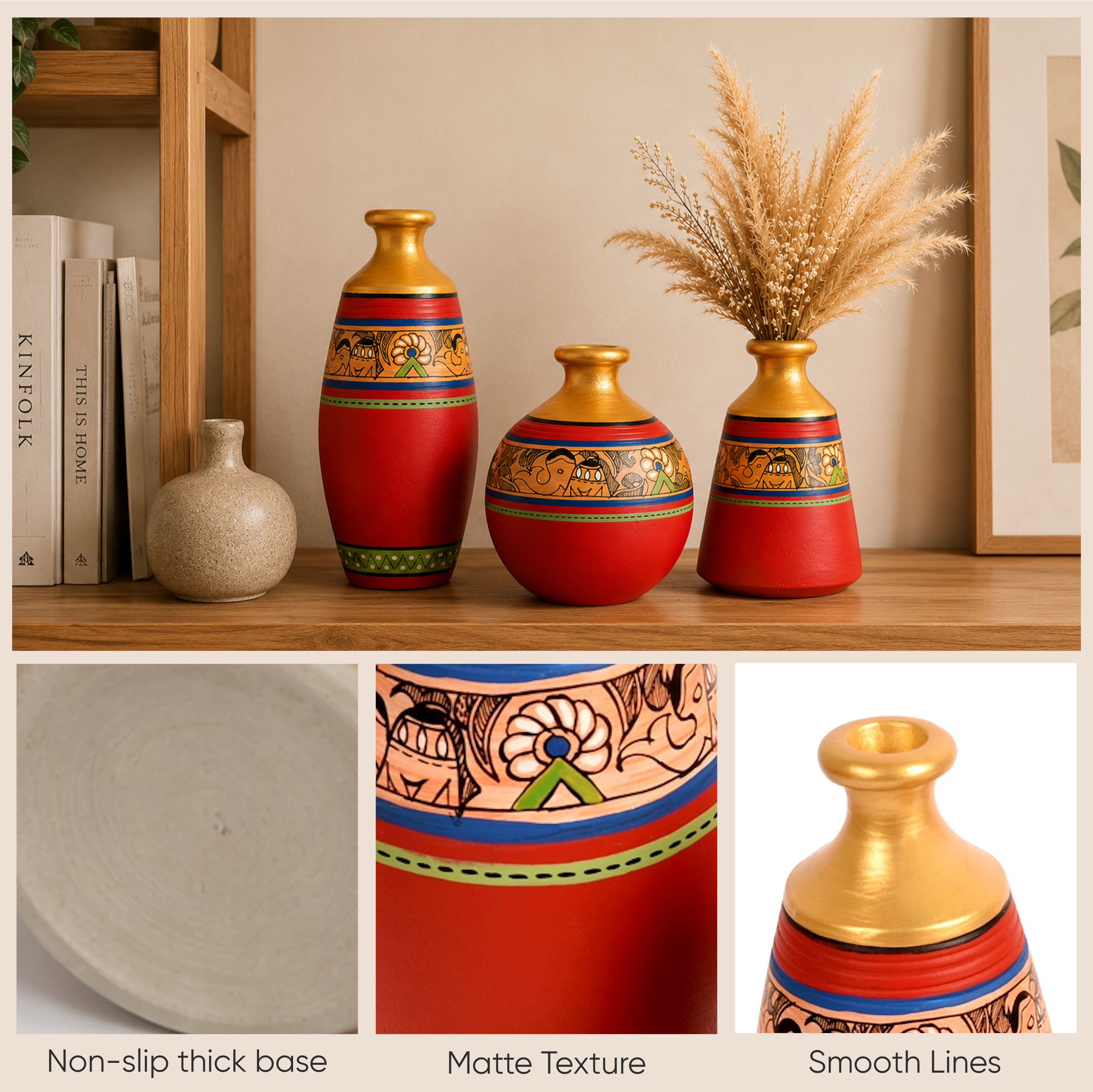 Vase Earthen Red Madhubani (Set of 3) 6/5/5