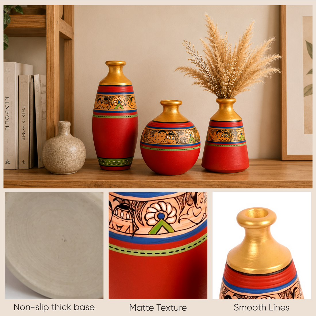 Vase Earthen Red Madhubani (Set of 3) 6/5/5