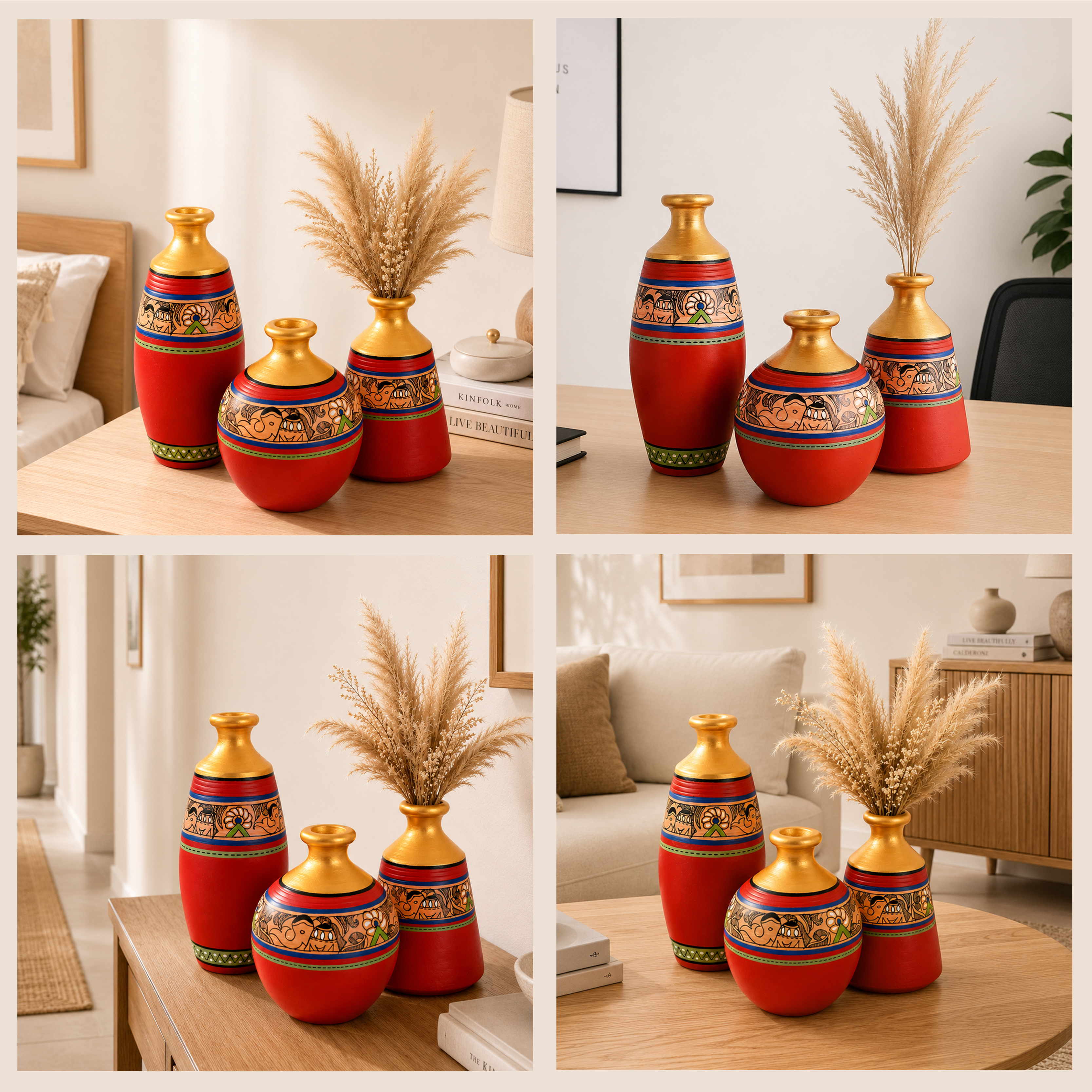 Vase Earthen Red Madhubani (Set of 3) 6/5/5