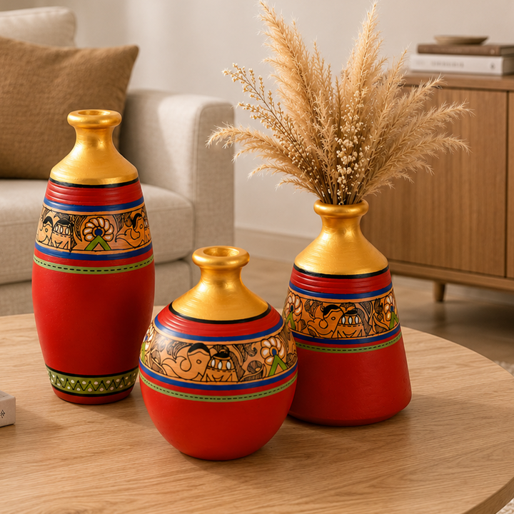 Vase Earthen Red Madhubani (Set of 3) 6/5/5