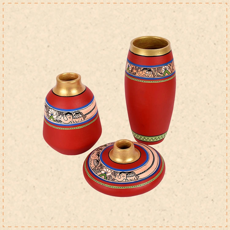 Vase Earthen Red Madhubani (Set of 3) 3.5/6.5/9