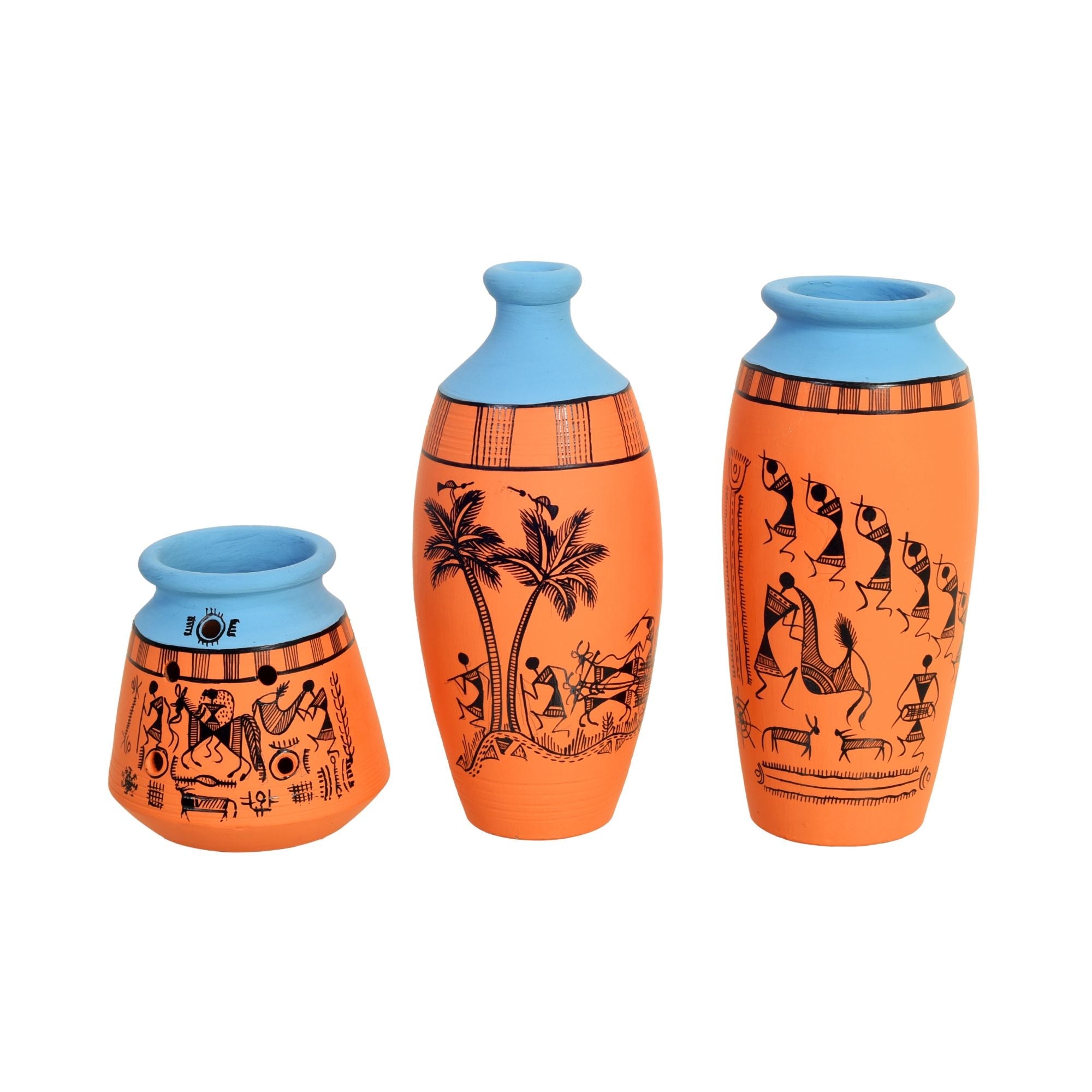 Desert Safari Terracotta Vase Set of 3, Handcrafted Warli Art Tribaldecor for Home