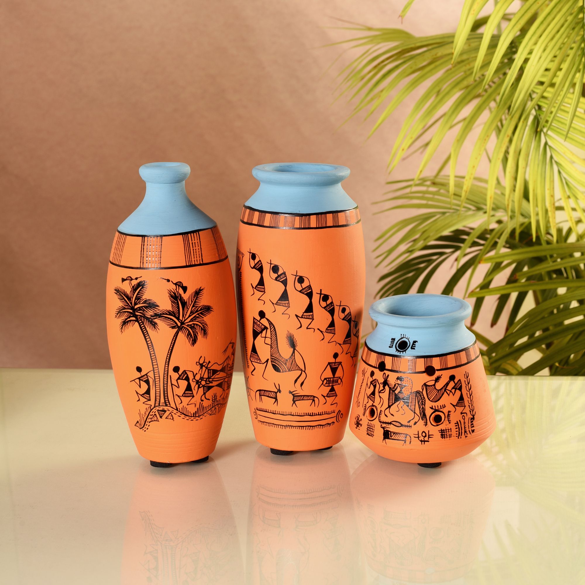 Desert Safari Terracotta Vase Set of 3, Handcrafted Warli Art Tribaldecor for Home