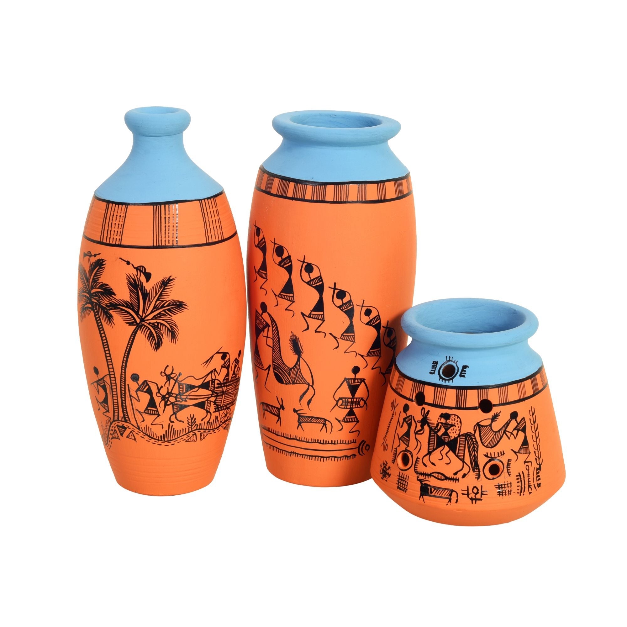 Desert Safari Terracotta Vase Set of 3, Handcrafted Warli Art Tribaldecor for Home