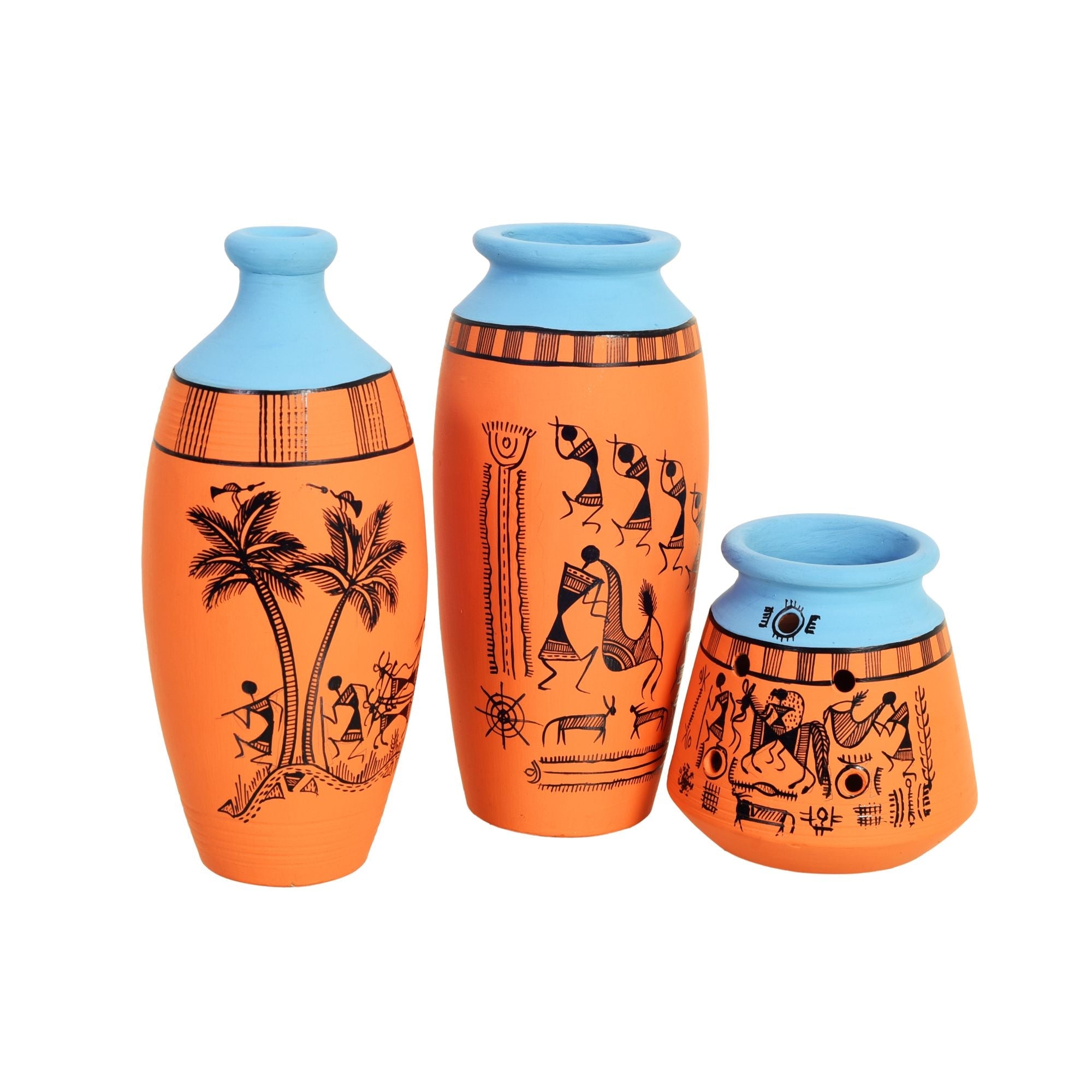 Desert Safari Terracotta Vase Set of 3, Handcrafted Warli Art Tribaldecor for Home