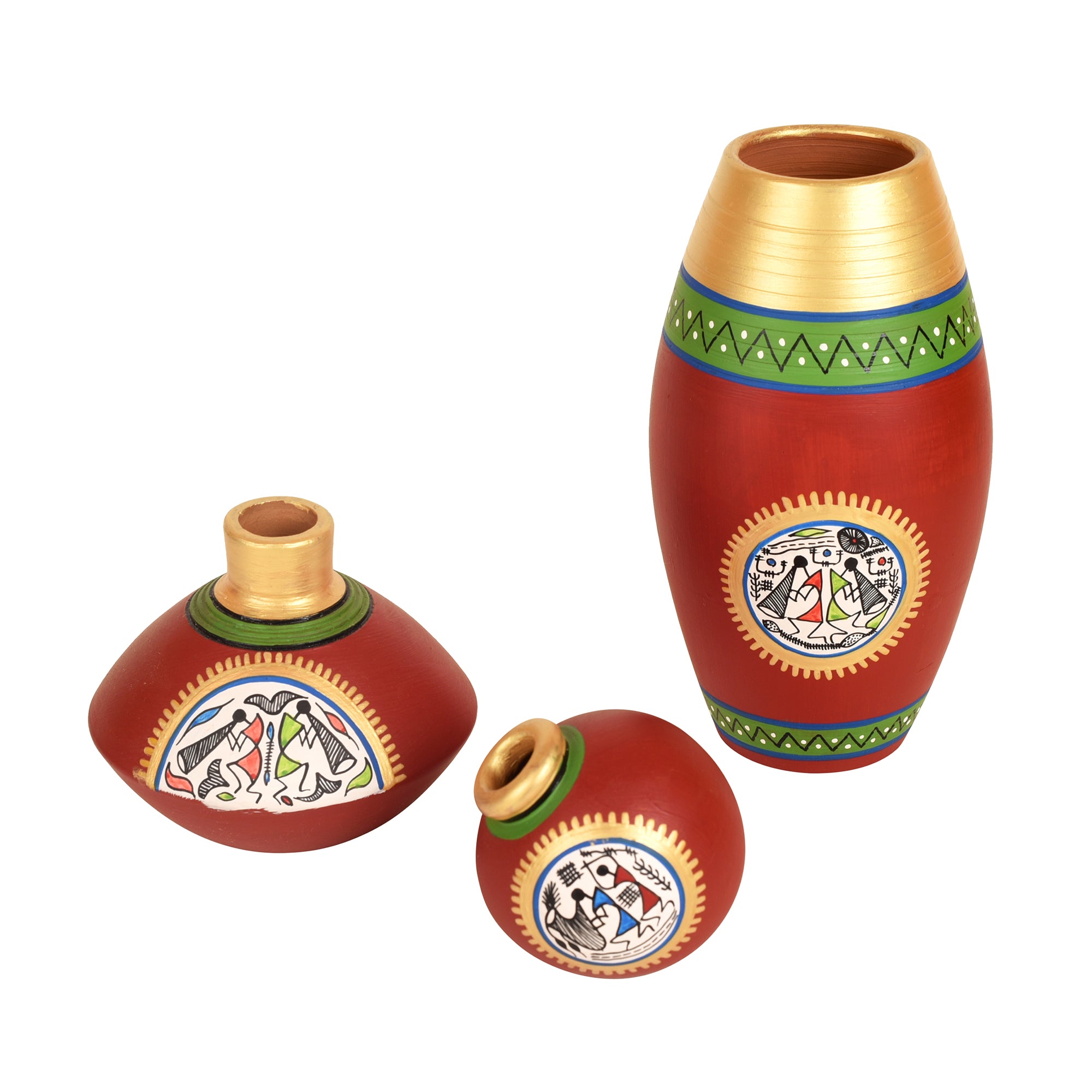Rustic Warli Vases (So3) in Red color (5x2.5/3x2/6x3 - HxDIA)