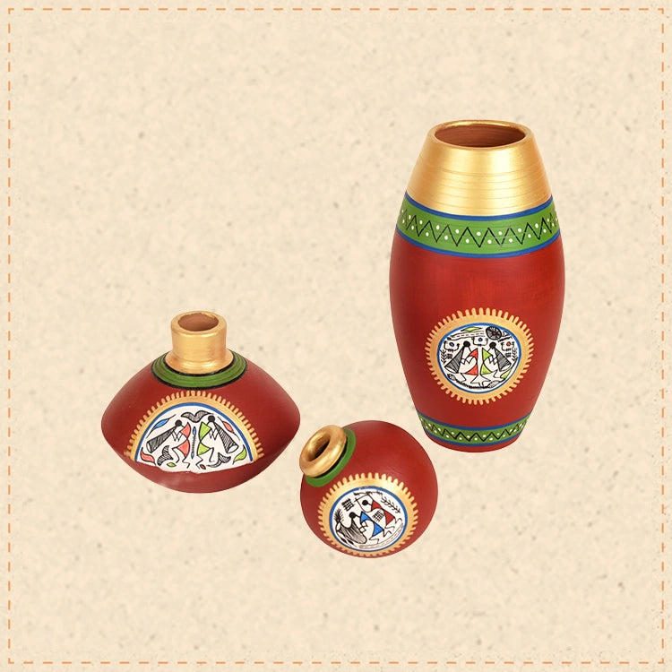 Rustic Warli Vases (So3) in Red color (5x2.5/3x2/6x3 - HxDIA)