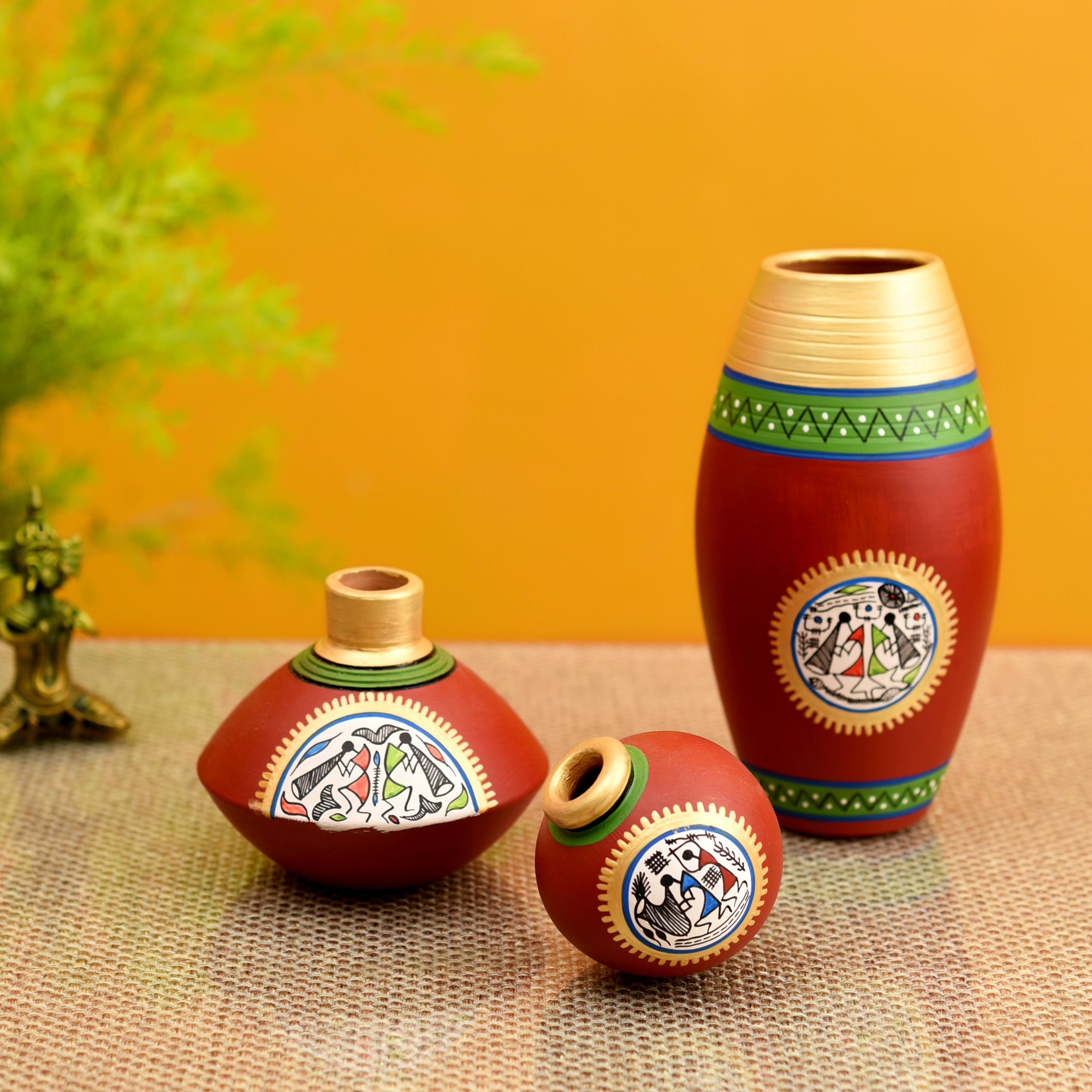 Rustic Warli Vases (So3) in Red color (5x2.5/3x2/6x3 - HxDIA)