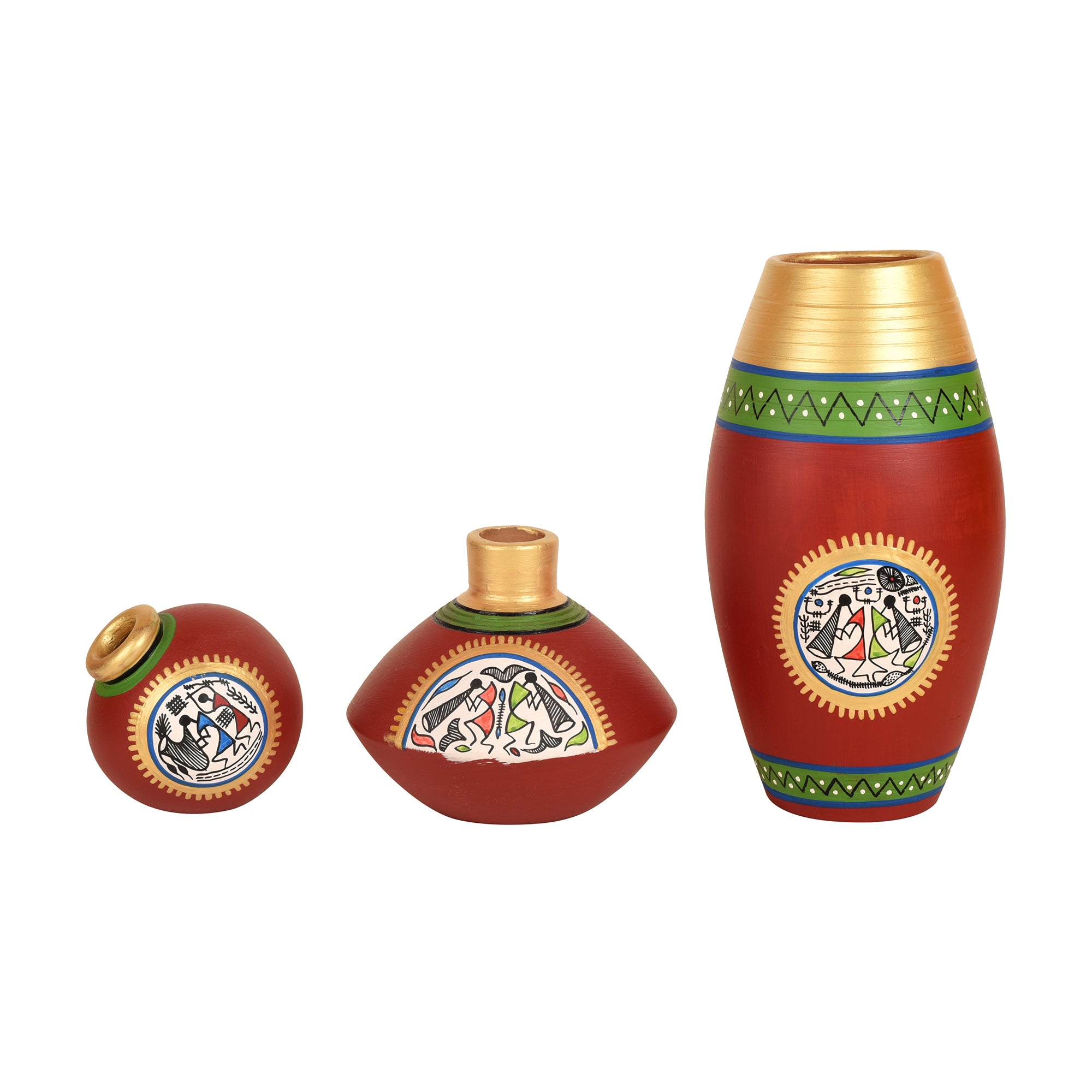 Rustic Warli Vases (So3) in Red color (5x2.5/3x2/6x3 - HxDIA)