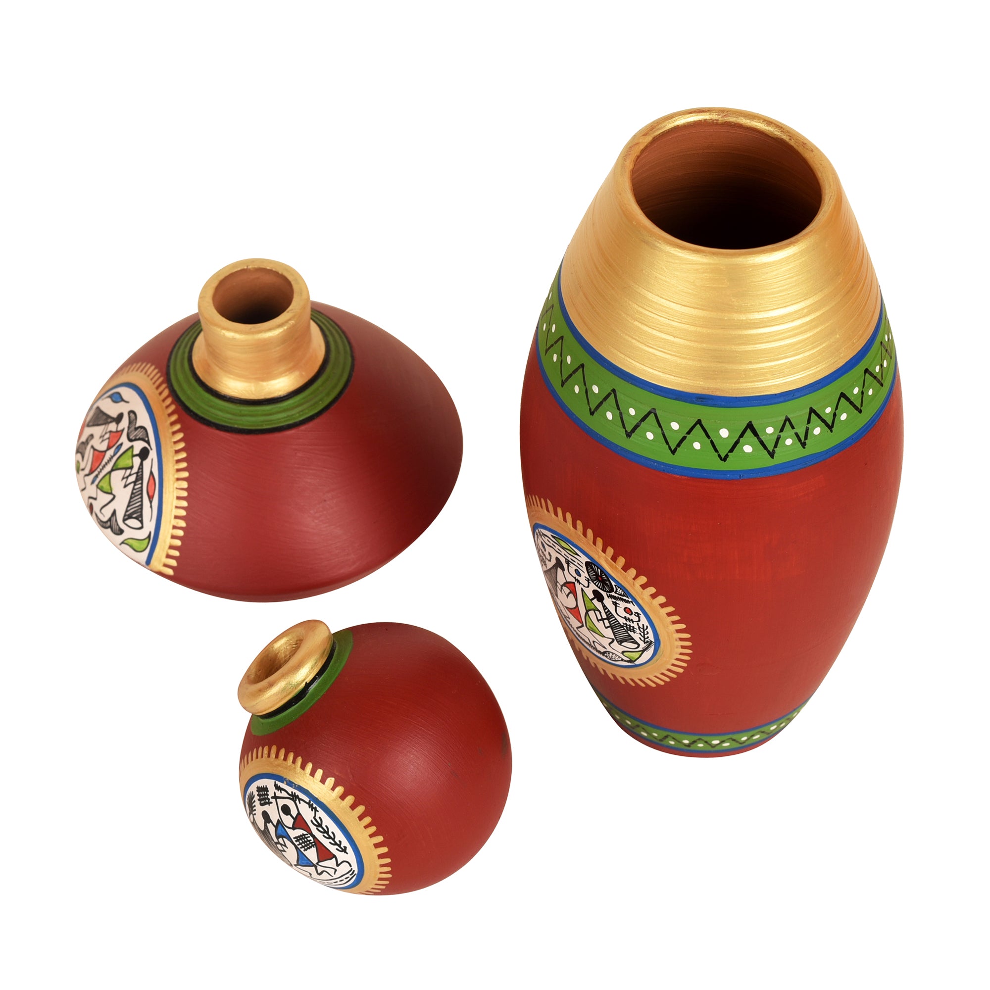 Rustic Warli Vases (So3) in Red color (5x2.5/3x2/6x3 - HxDIA)