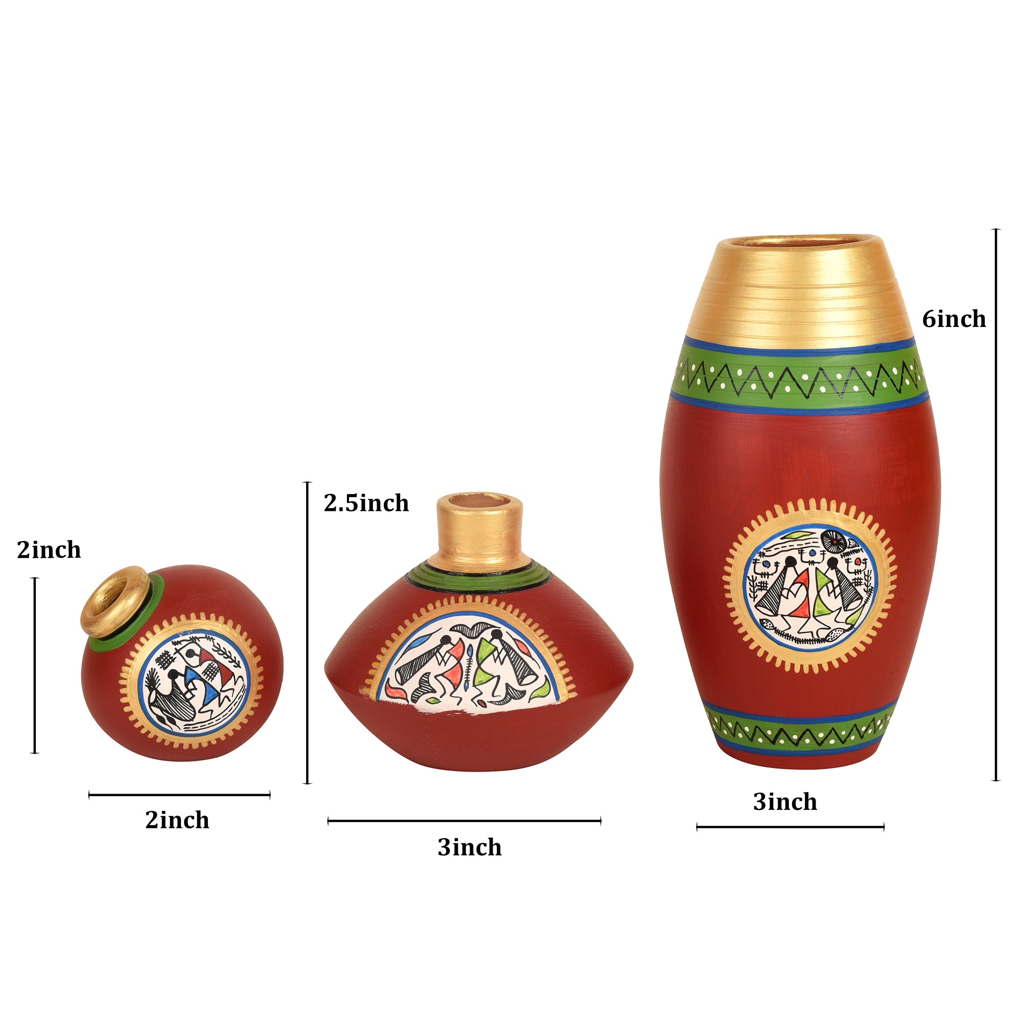 Rustic Warli Vases (So3) in Red color (5x2.5/3x2/6x3 - HxDIA)
