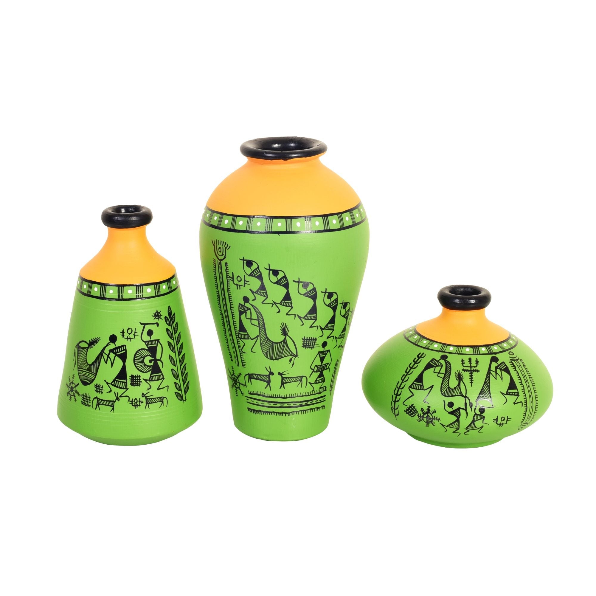 Savana Terracotta Vases Set of 3, Handcrafted Green and Orange Tribal Warli Artdecor