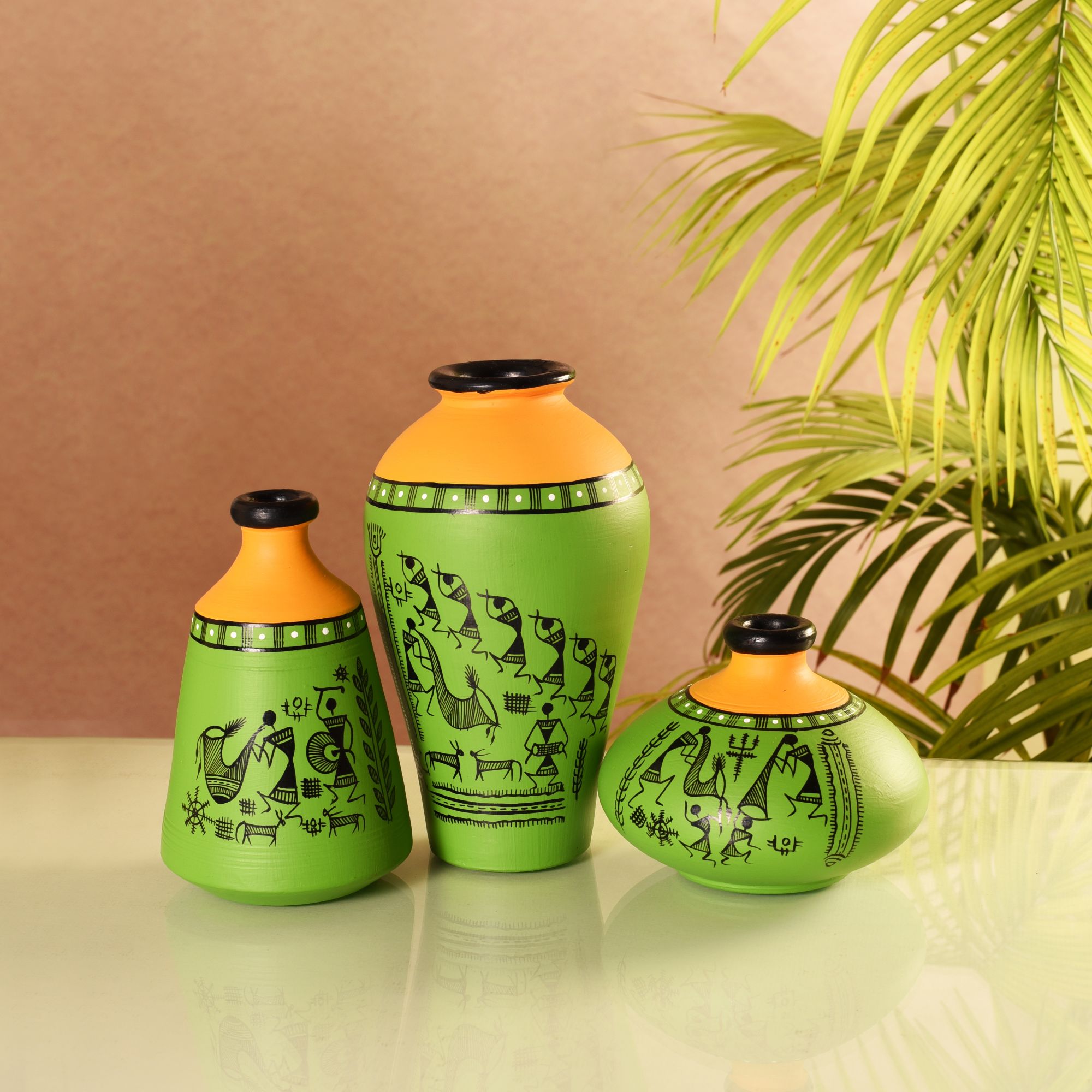 Savana Terracotta Vases Set of 3, Handcrafted Green and Orange Tribal Warli Artdecor