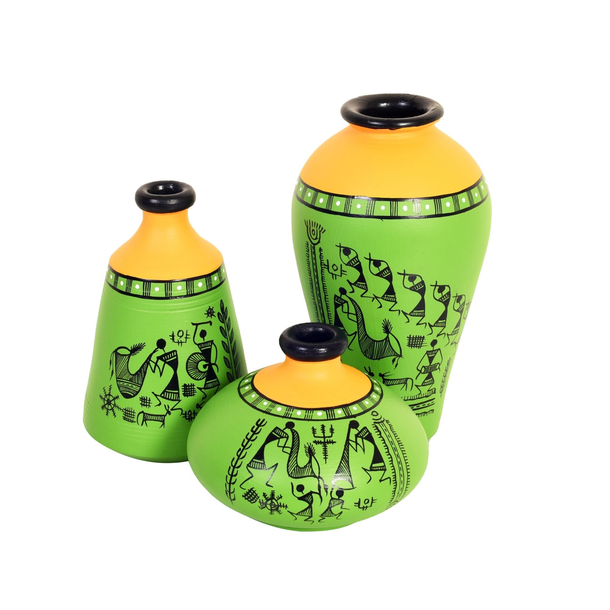 Savana Terracotta Vases Set of 3, Handcrafted Green and Orange Tribal Warli Artdecor