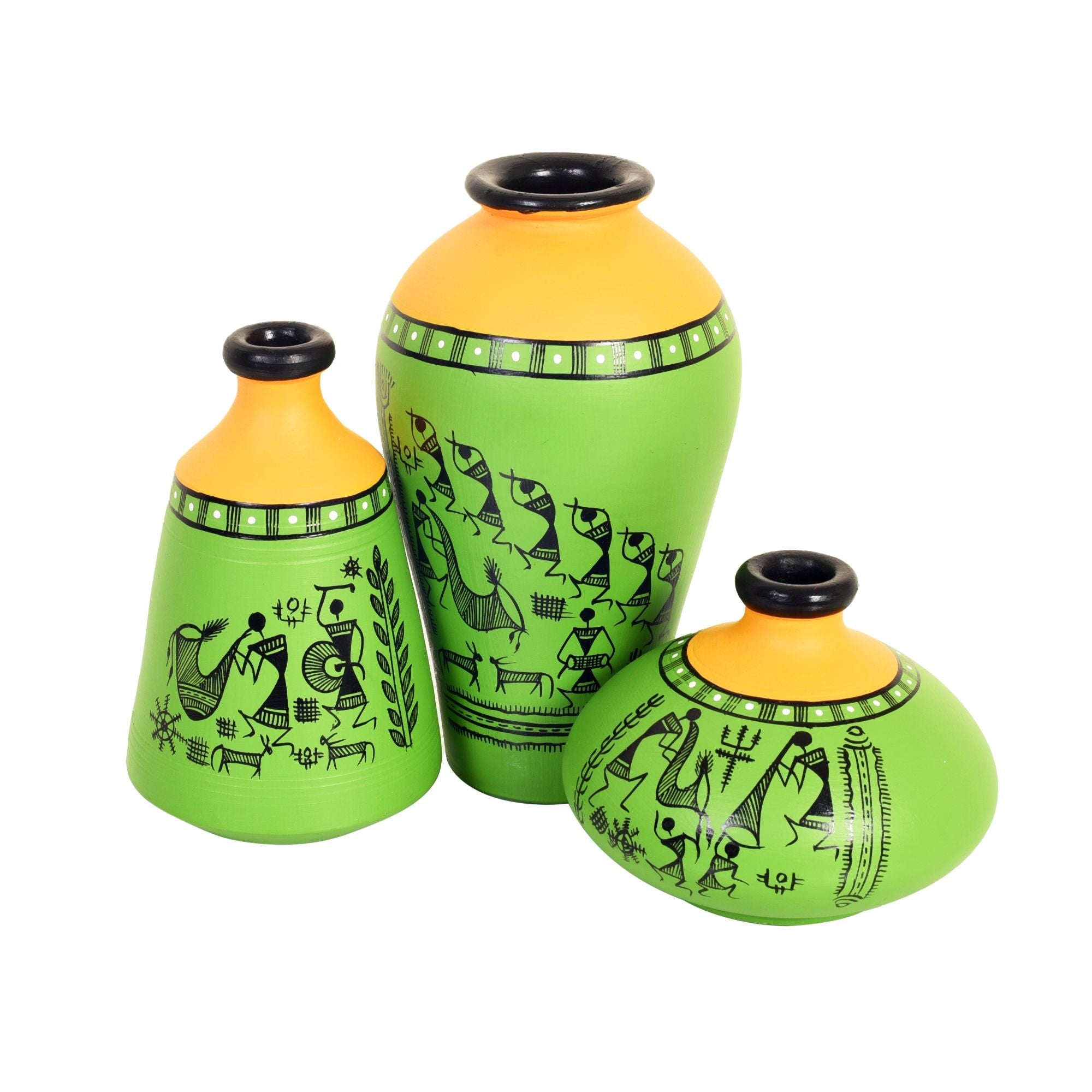 Savana Terracotta Vases Set of 3, Handcrafted Green and Orange Tribal Warli Artdecor