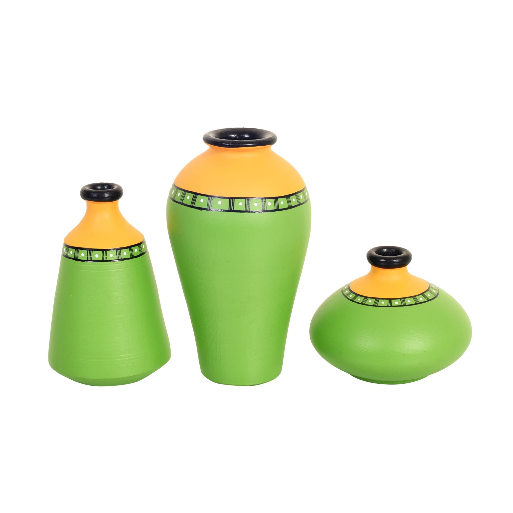 Savana Terracotta Vases Set of 3, Handcrafted Green and Orange Tribal Warli Artdecor