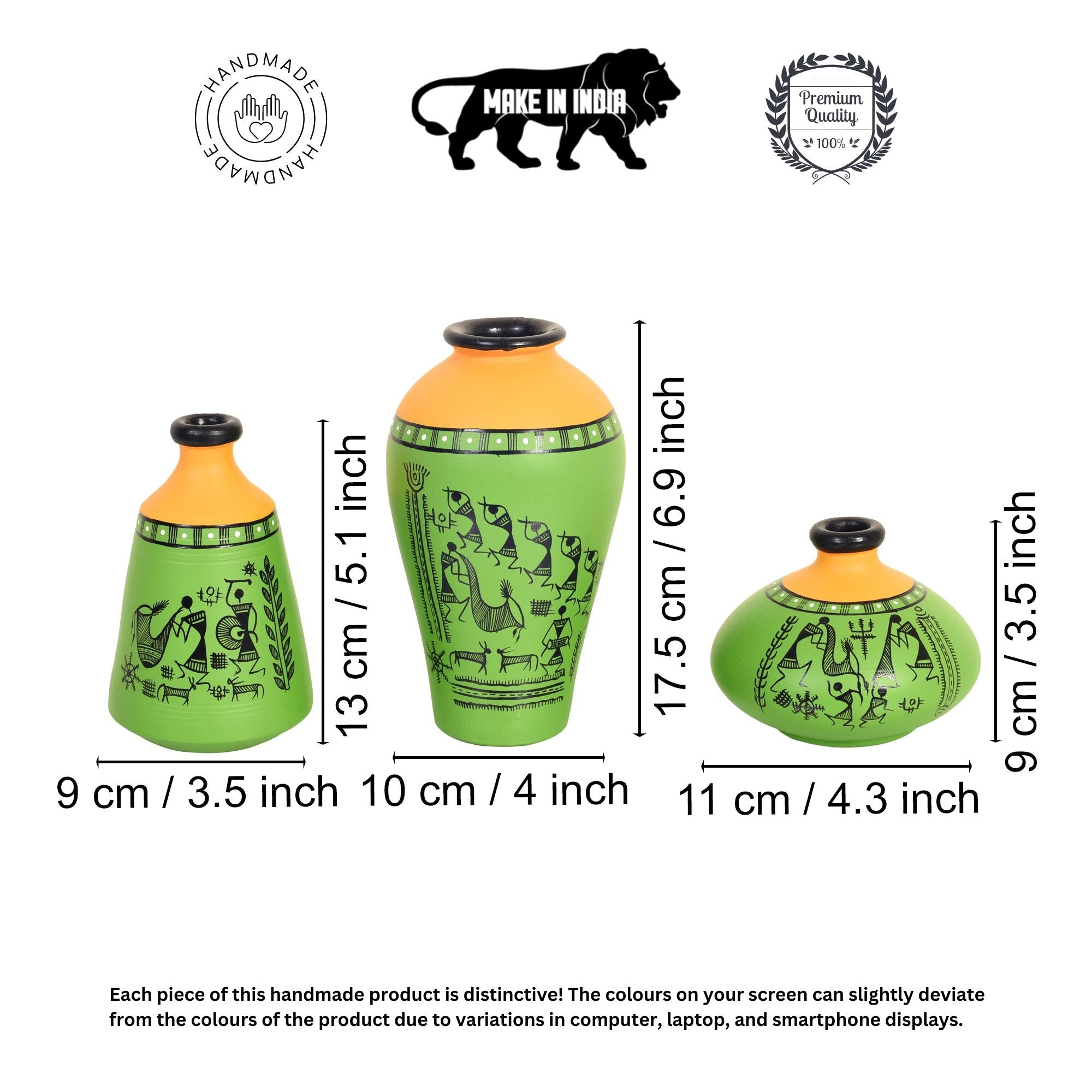 Savana Terracotta Vases Set of 3, Handcrafted Green and Orange Tribal Warli Artdecor