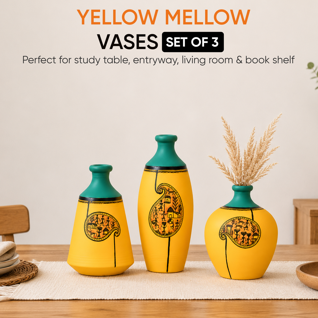 Yellow Mellow Terracotta Vases Set of Three with Paisley Warli Design