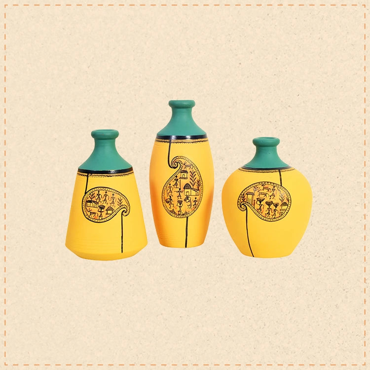 Yellow Mellow Terracotta Vases Set of Three with Paisley Warli Design