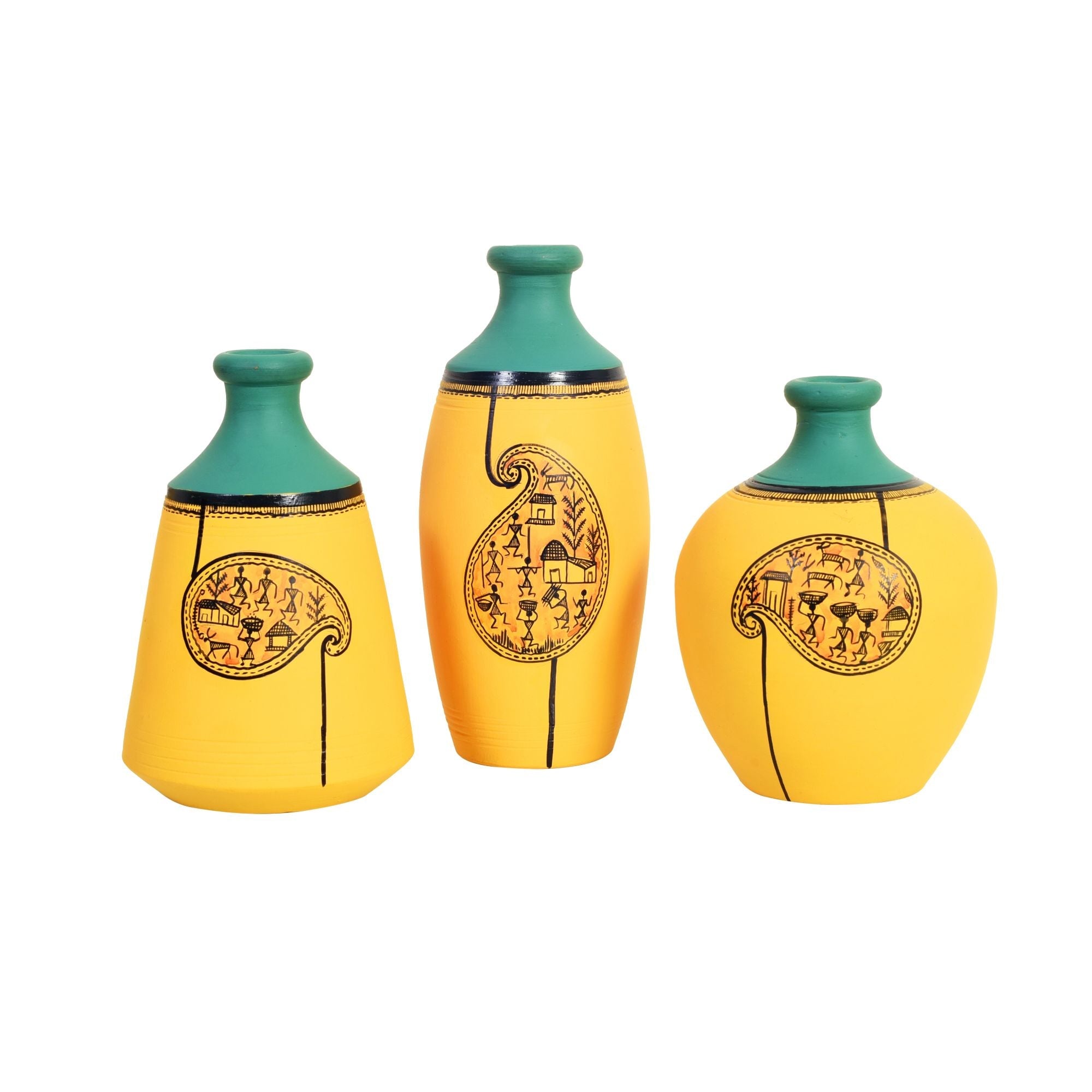 Yellow Mellow Terracotta Vases Set of Three with Paisley Warli Design