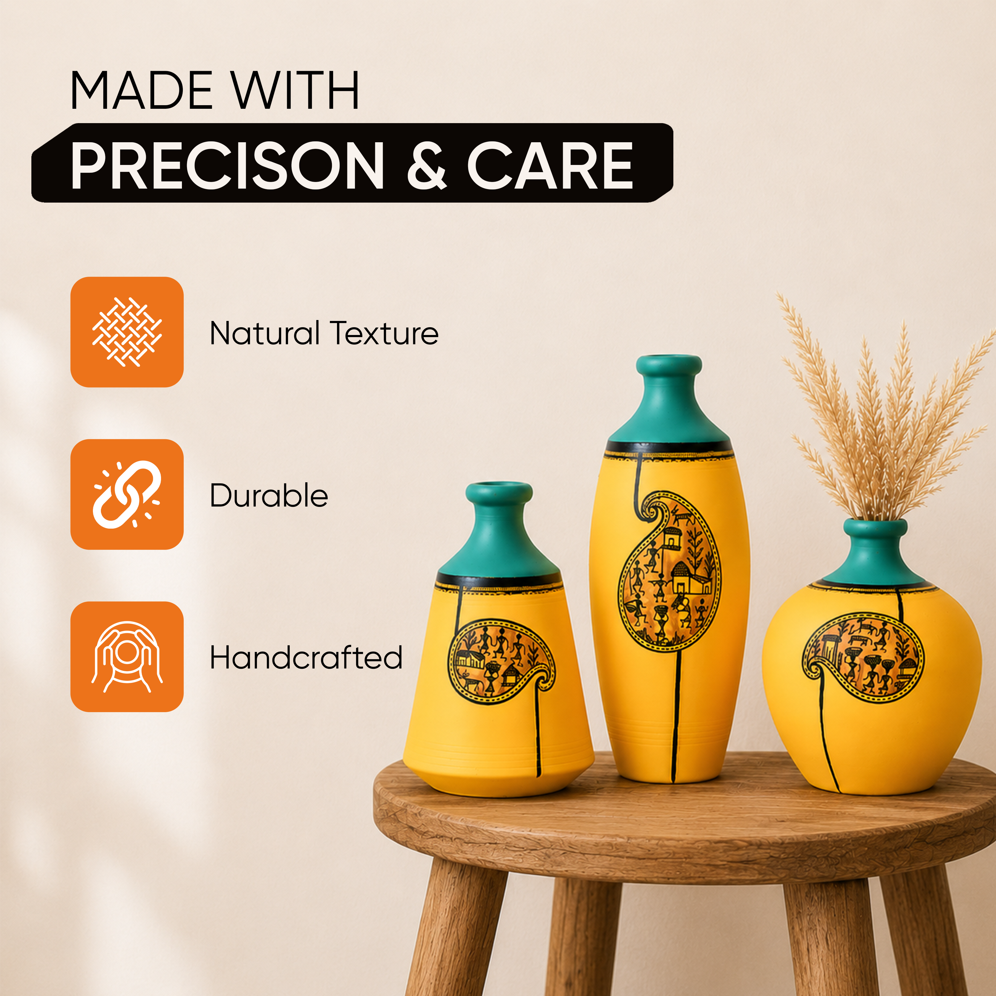 Yellow Mellow Terracotta Vases Set of Three with Paisley Warli Design