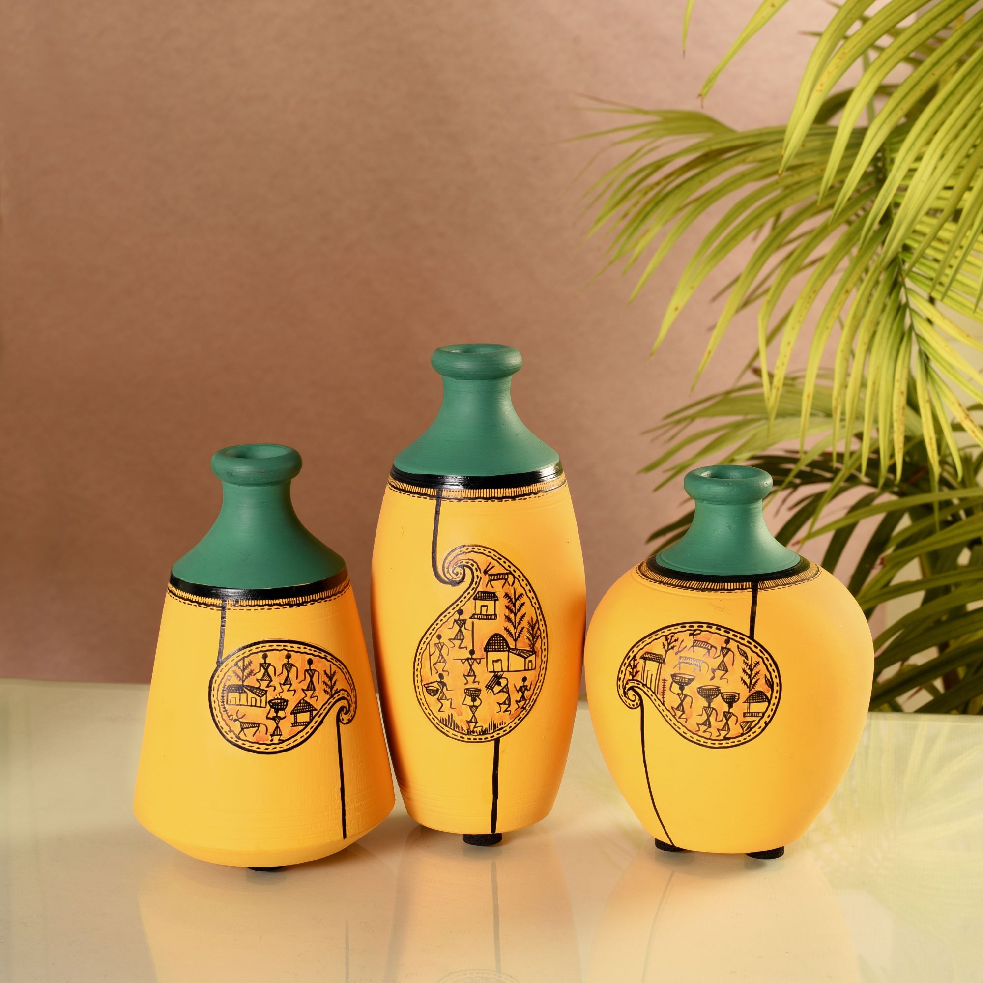 Yellow Mellow Terracotta Vases Set of Three with Paisley Warli Design