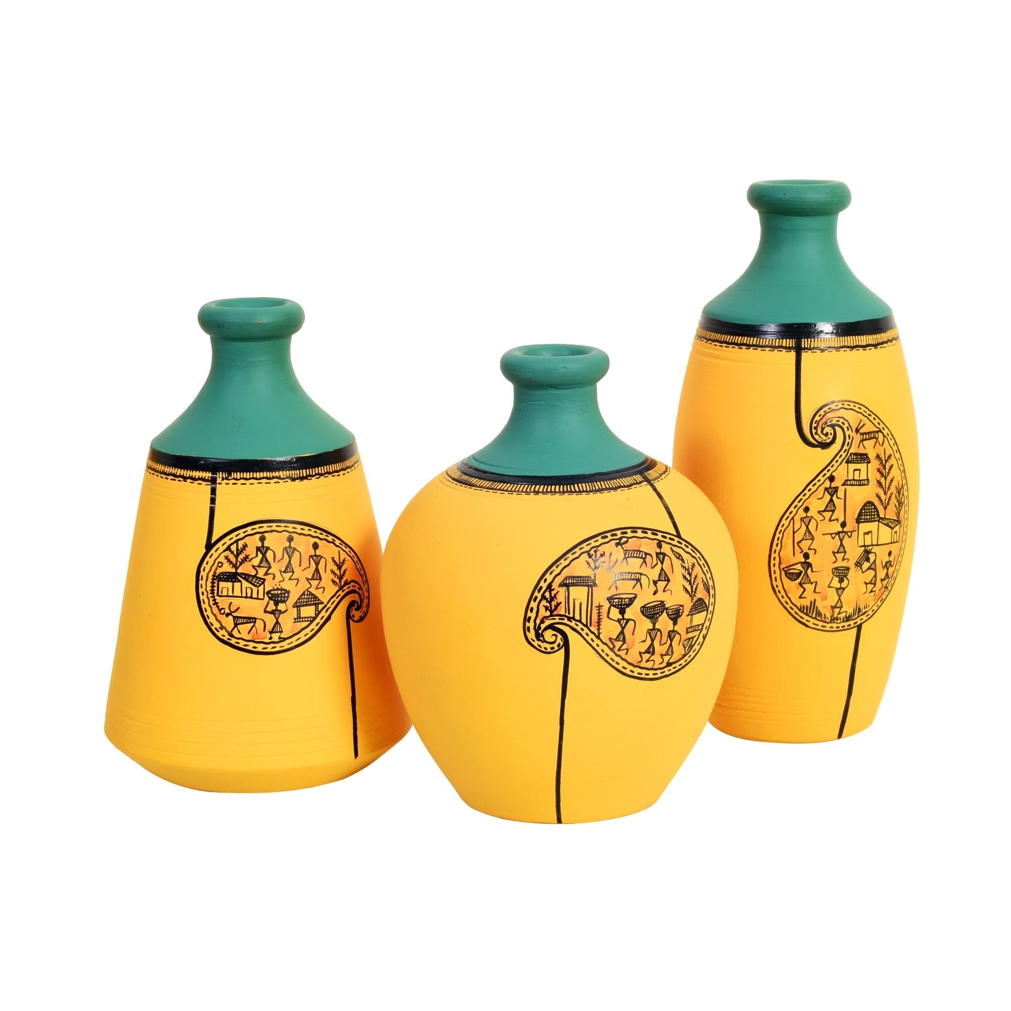 Yellow Mellow Terracotta Vases Set of Three with Paisley Warli Design