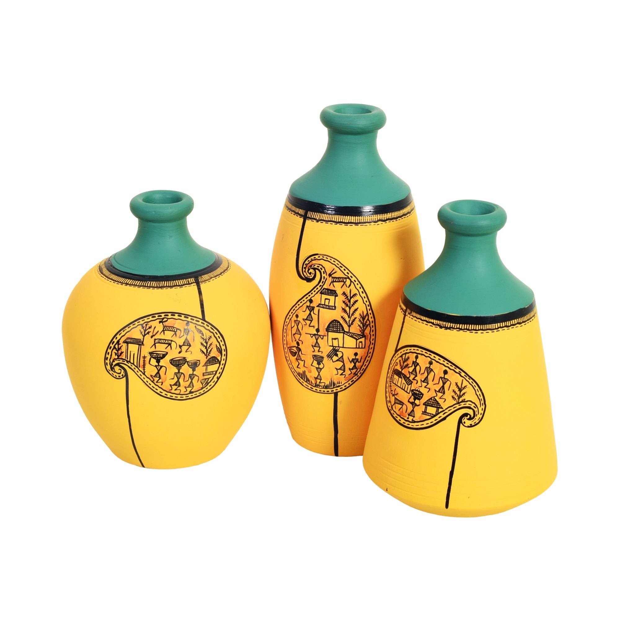 Yellow Mellow Terracotta Vases Set of Three with Paisley Warli Design
