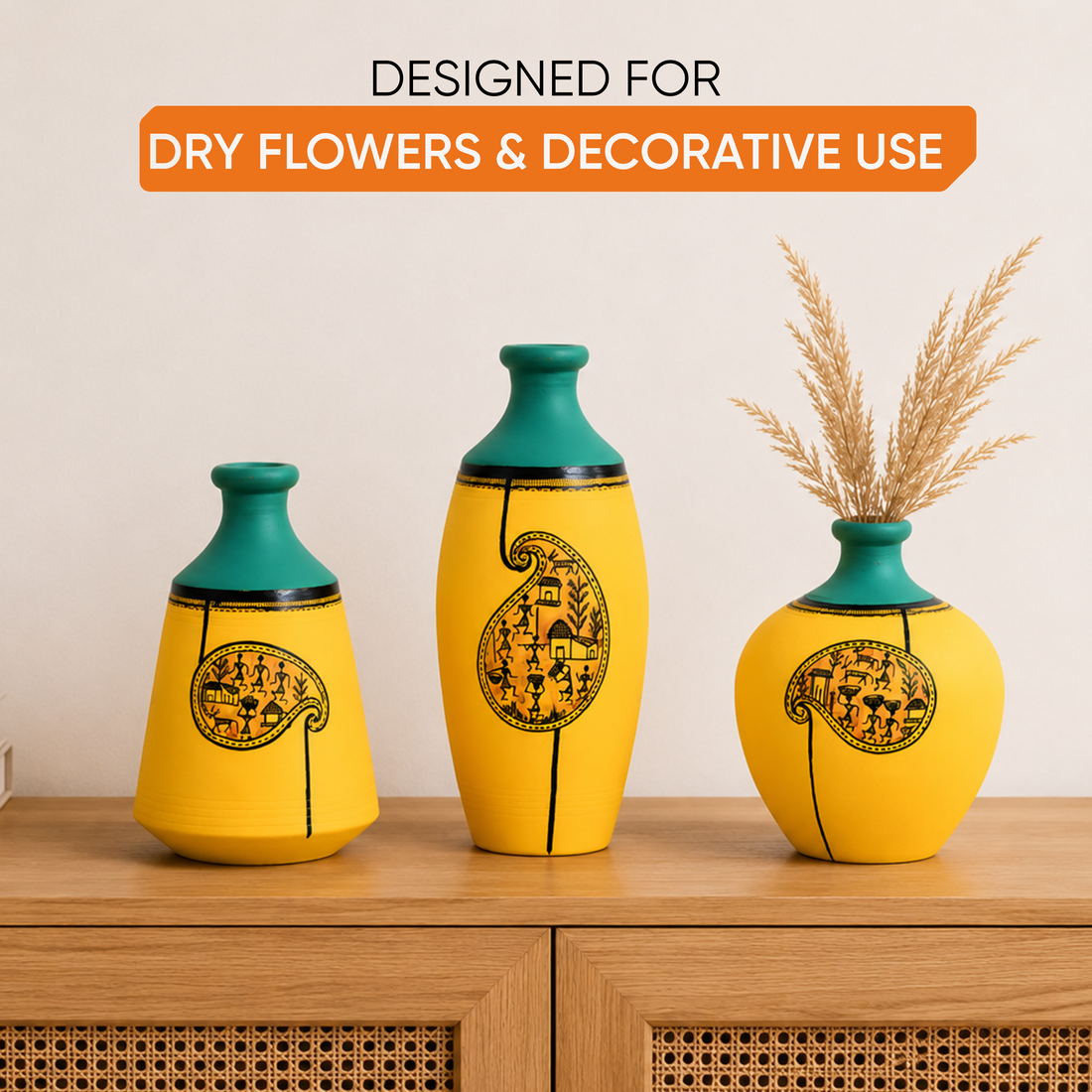 Yellow Mellow Terracotta Vases Set of Three with Paisley Warli Design