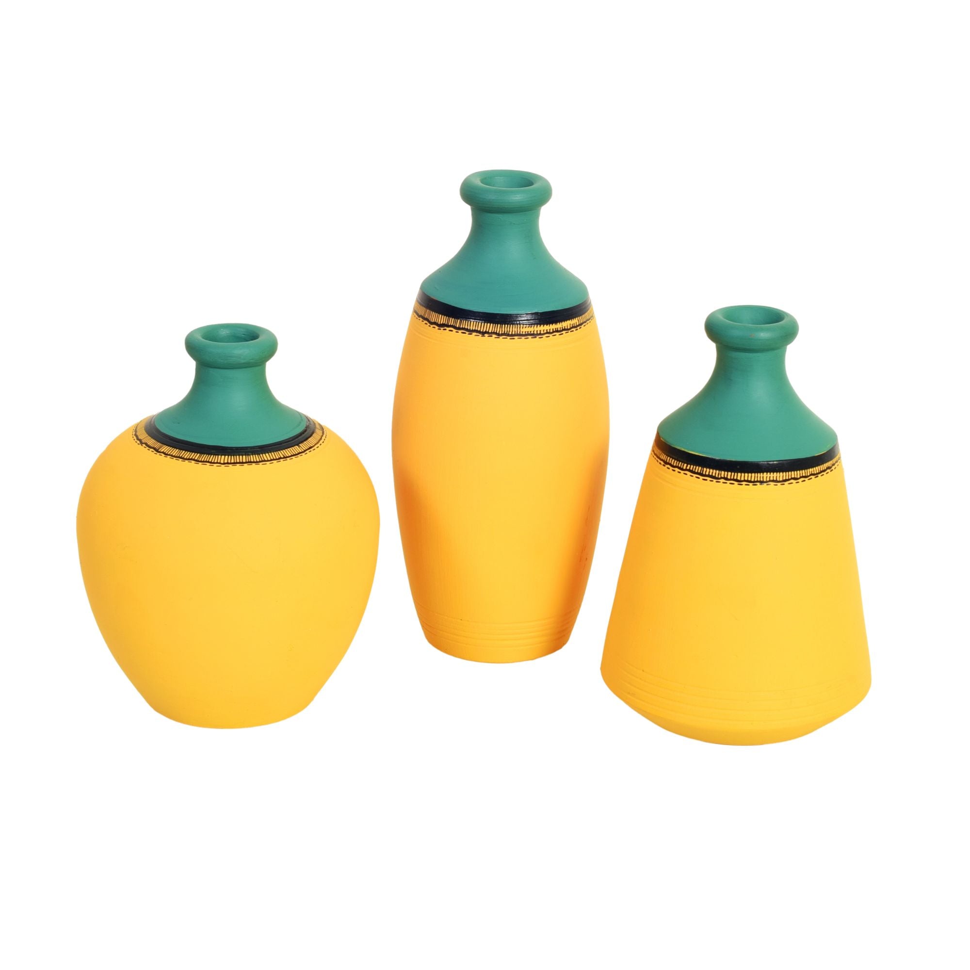 Yellow Mellow Terracotta Vases Set of Three with Paisley Warli Design