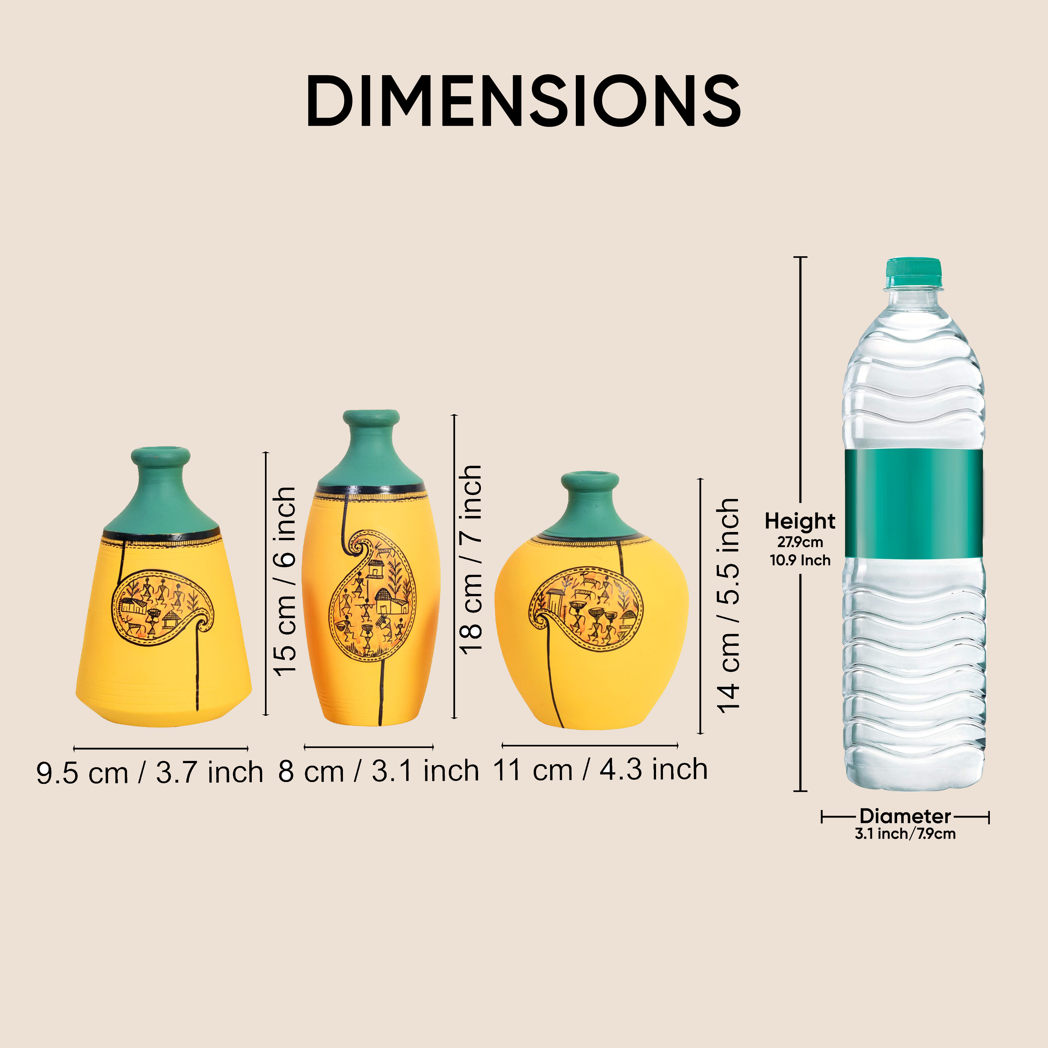 Yellow Mellow Terracotta Vases Set of Three with Paisley Warli Design