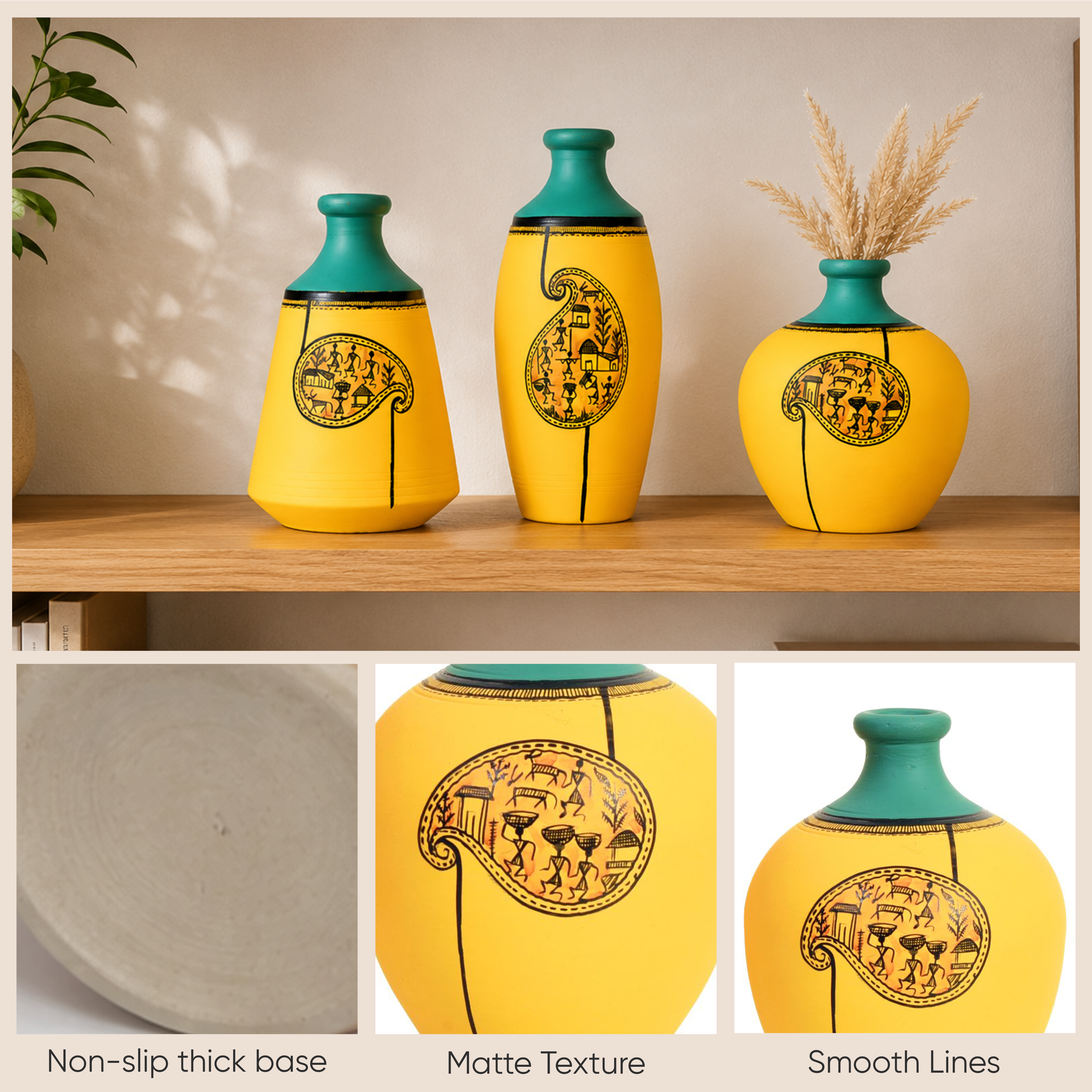Yellow Mellow Terracotta Vases Set of Three with Paisley Warli Design