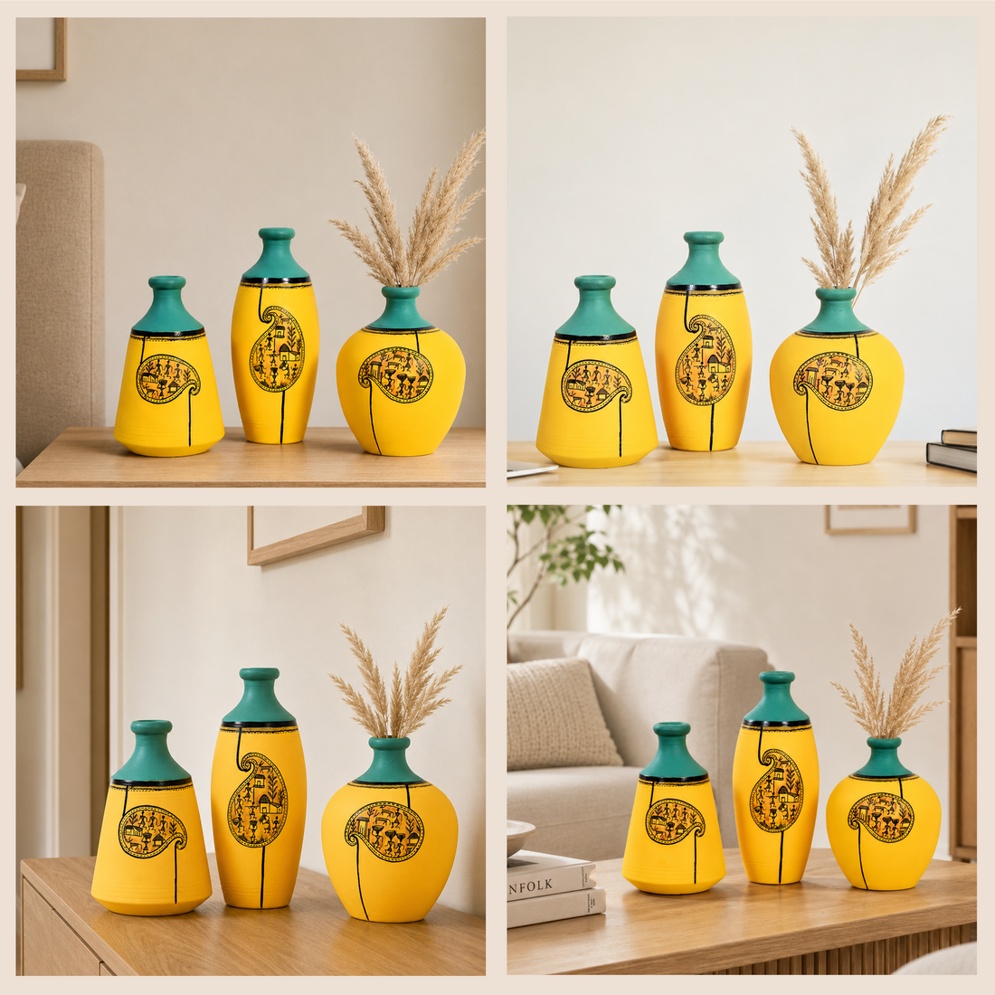 Yellow Mellow Terracotta Vases Set of Three with Paisley Warli Design