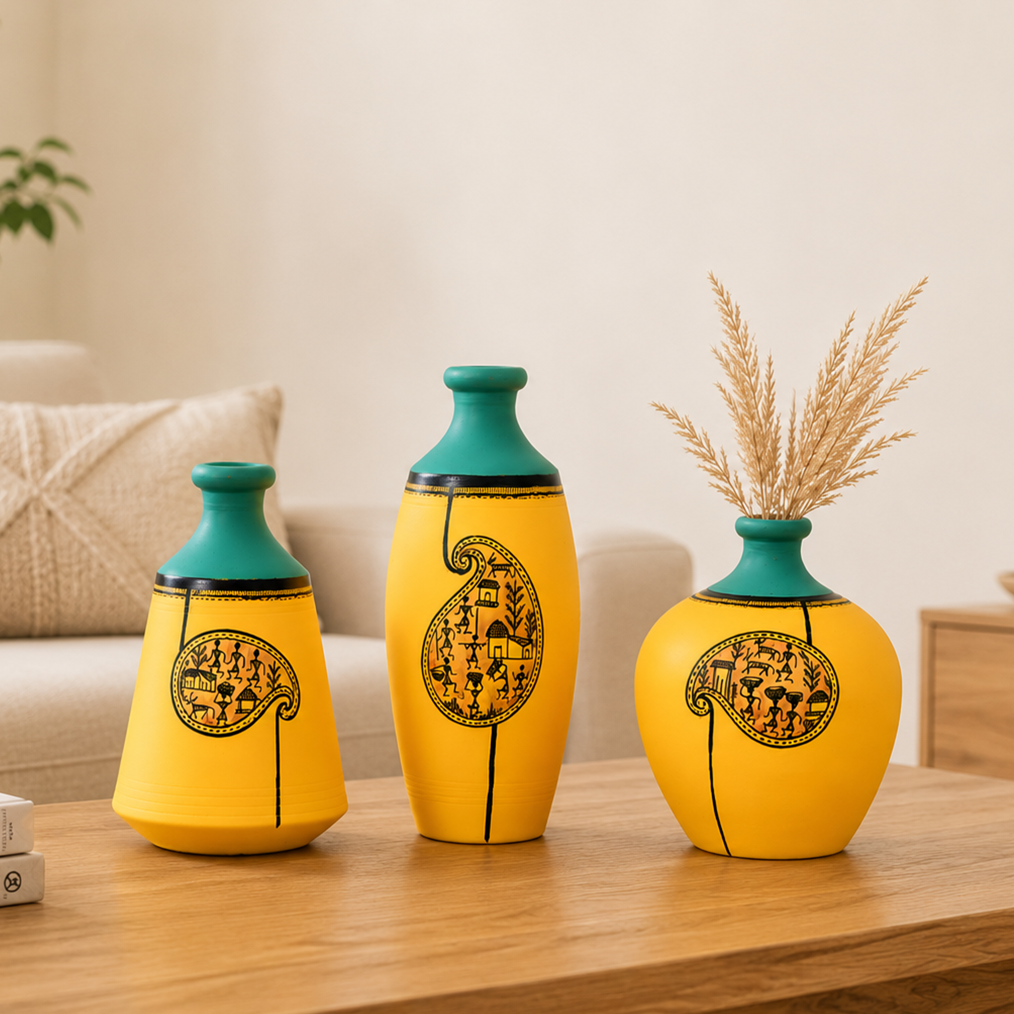 Yellow Mellow Terracotta Vases Set of Three with Paisley Warli Design