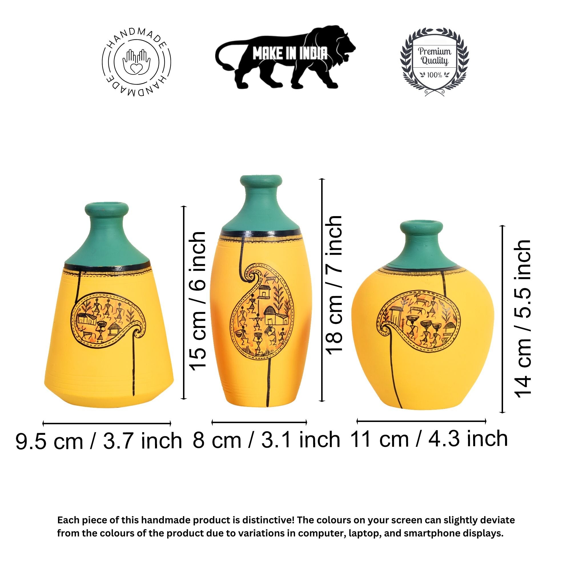 Yellow Mellow Terracotta Vases Set of Three with Paisley Warli Design
