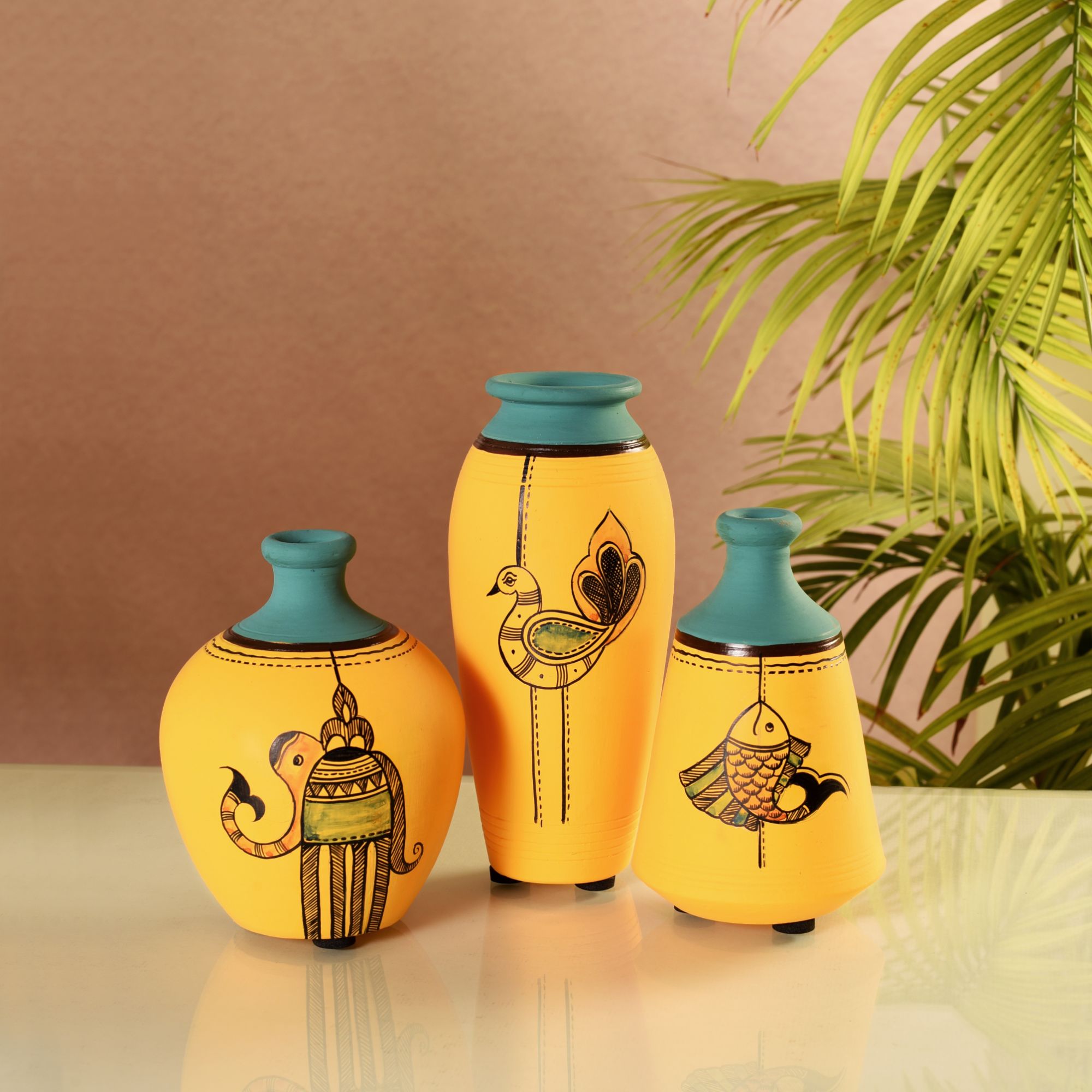 Hand Painted Terracotta Vase Set of 3, Decorative Flower Vases for Homedecor