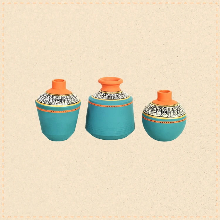Blue Oasis Terracotta Vase Set of 3, Handcrafted Tribal Artdecor with Earthy Accents