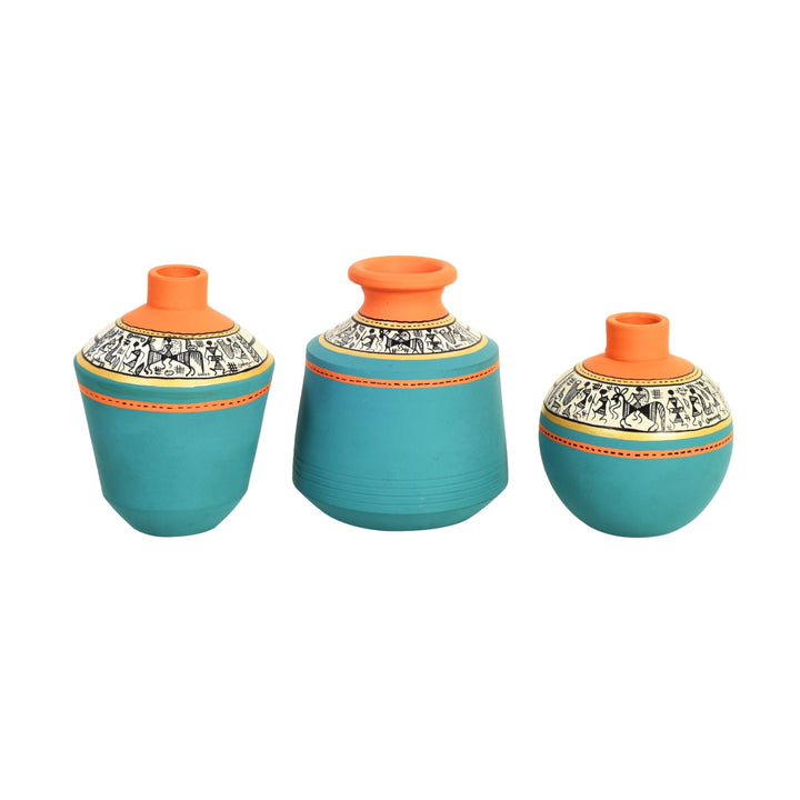 Blue Oasis Terracotta Vase Set of 3, Handcrafted Tribal Artdecor with Earthy Accents