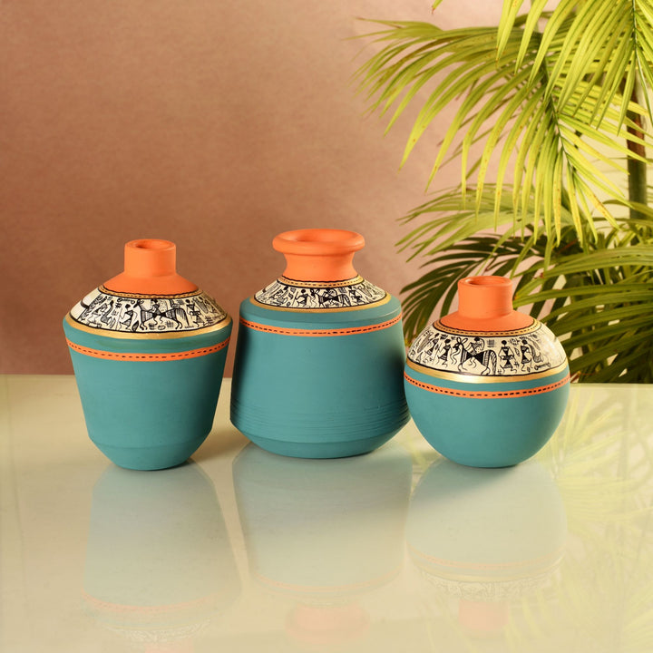 Blue Oasis Terracotta Vase Set of 3, Handcrafted Tribal Artdecor with Earthy Accents