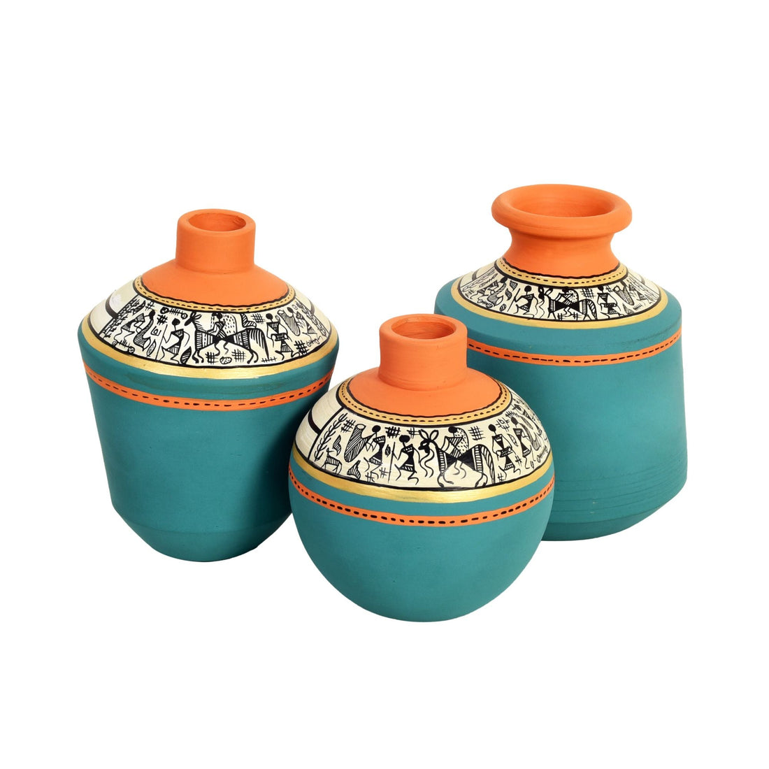 Blue Oasis Terracotta Vase Set of 3, Handcrafted Tribal Artdecor with Earthy Accents