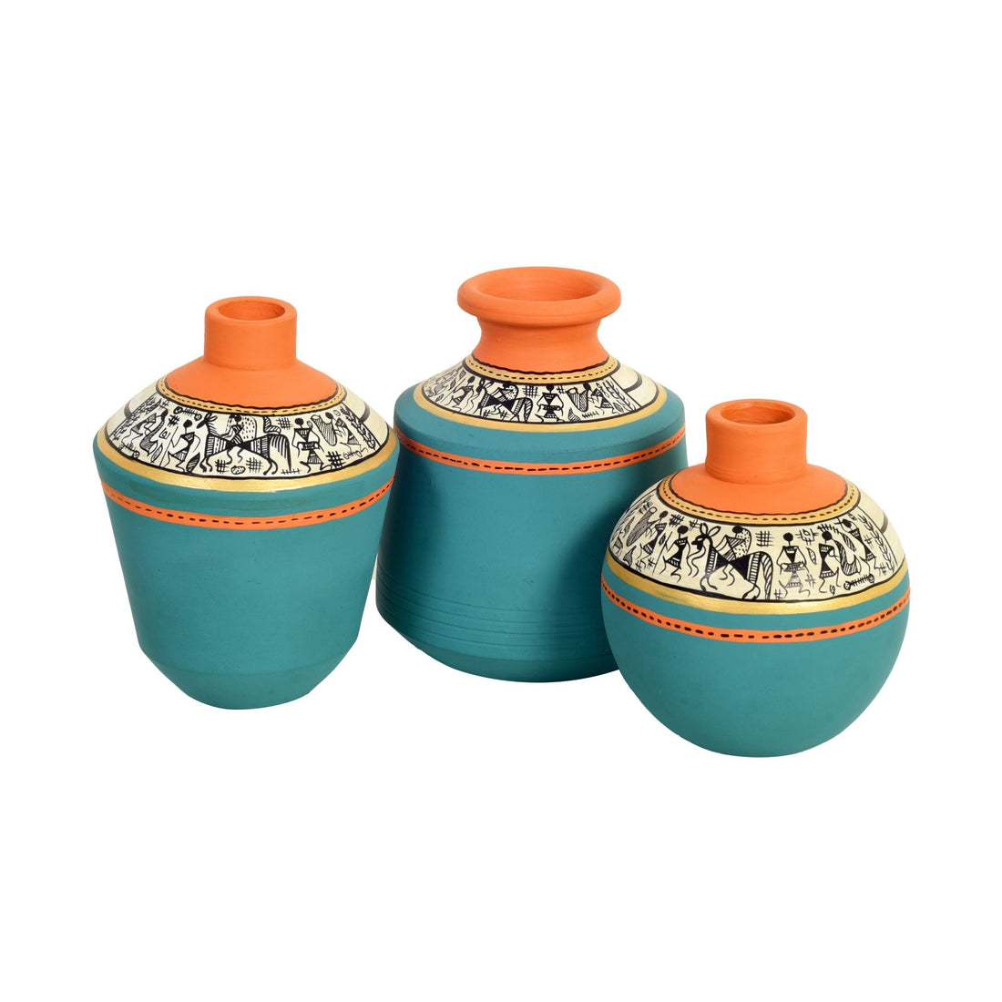 Blue Oasis Terracotta Vase Set of 3, Handcrafted Tribal Artdecor with Earthy Accents
