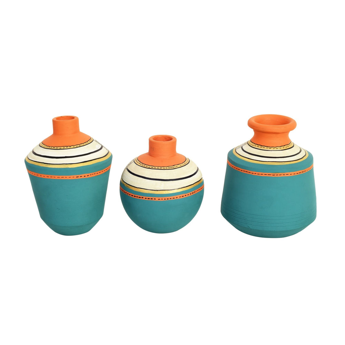 Blue Oasis Terracotta Vase Set of 3, Handcrafted Tribal Artdecor with Earthy Accents